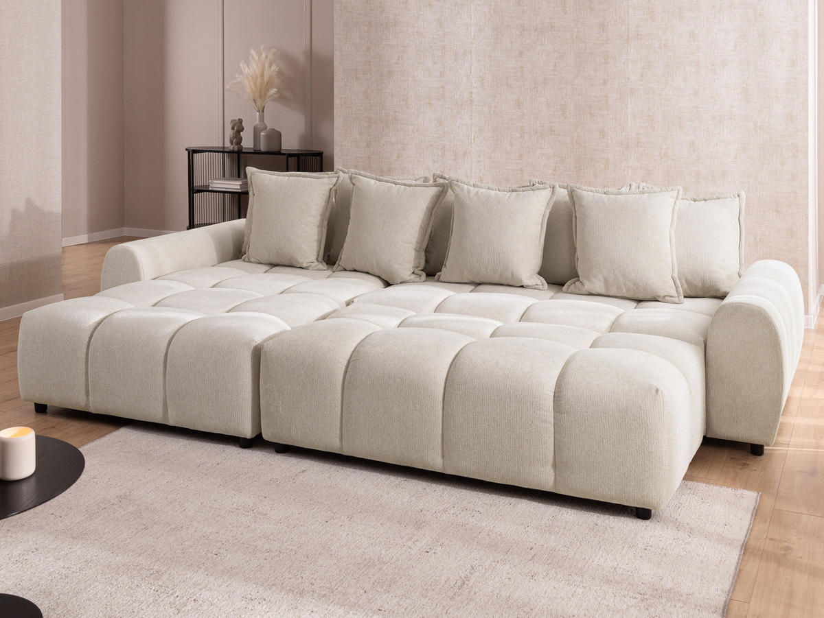 ECKSOFA inkl. Hocker Bubble mit Schlaffunktion und losen Rückenkissen, Sitzfläche in Bubble-Optik aus weichem Hellbeige Strukturstoff - Ottomane Links - Beige/Schwarz, Holz/Kunststoff (180/306cm) - S-Style Möbel