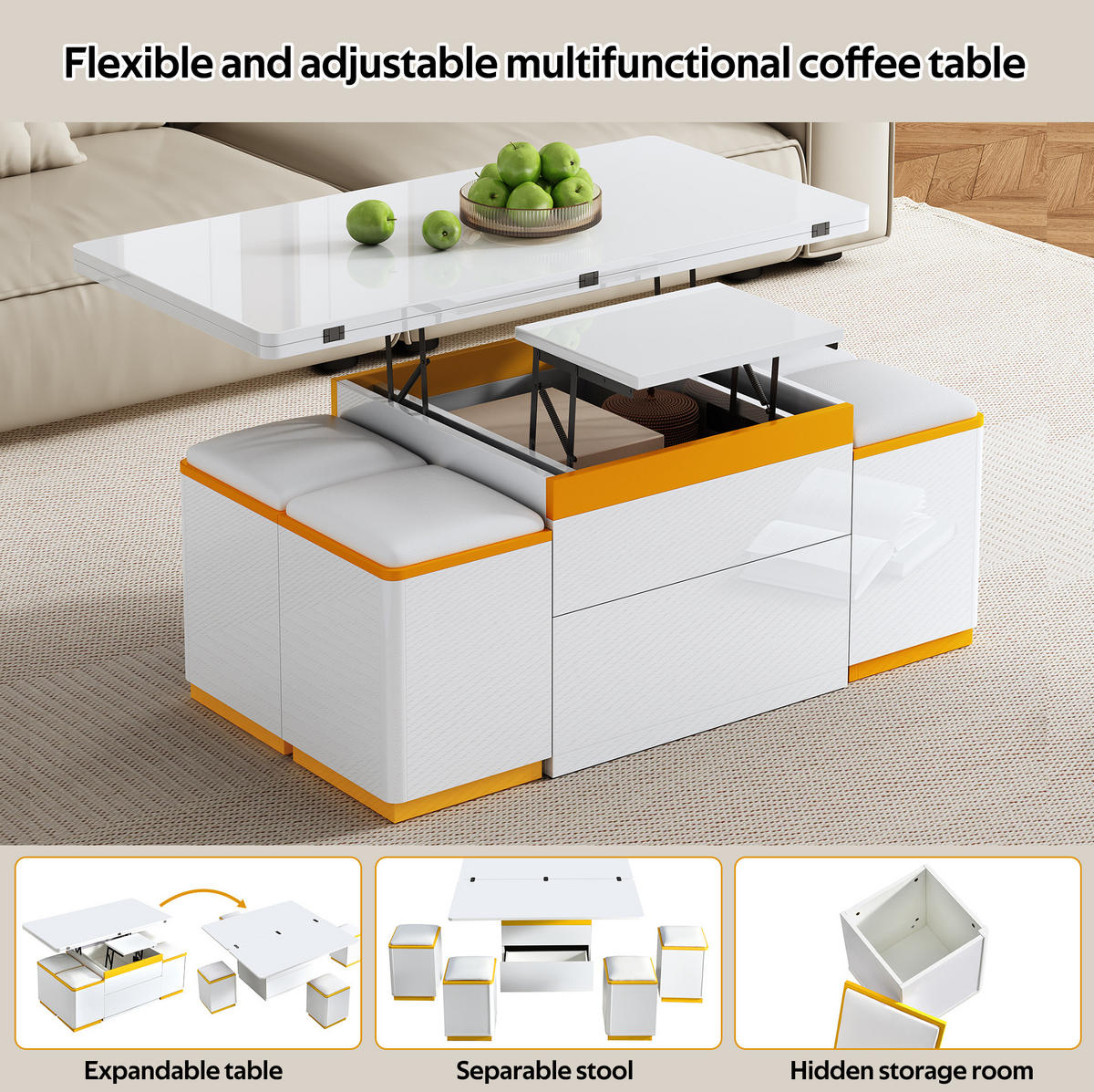 COUCHTISCH 100/50/43 cm weiß/gelb aus MDF und Spanplatte mit Hebe- und Klappfunktion - Weiß, Holzwerkstoff (100/50/43cm) - OKMYHOME