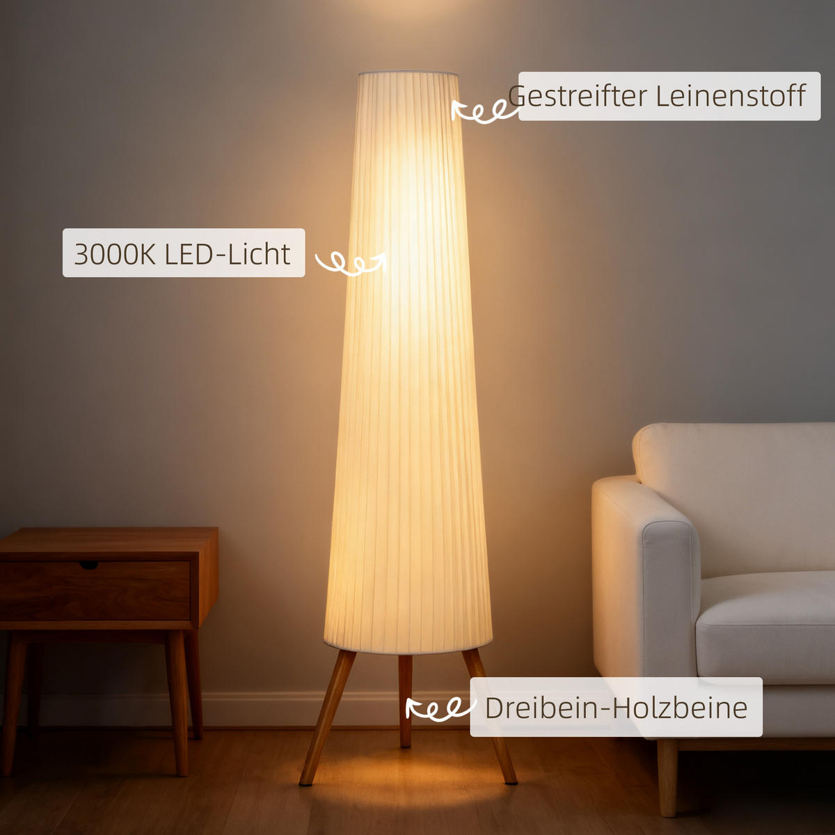 STEHLAMPE Led Dimmbar Fußschalter - Weiß, Holz (46/46/153cm) - HOMCOM