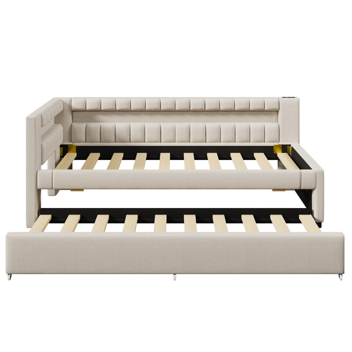 POLSTERBETT 90/200 cm aus Leinen mit LED-Beleuchtung und USB- und Type-C-Anschlüssen - Beige, Textil (90/200cm) - Flora Grace