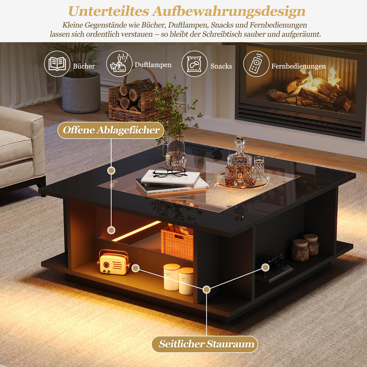 COUCHTISCH in Schwarz mit Glasplatte und LED-Beleuchtung für Wohnzimmer, B70/T70/H30 cm - Schwarz, Glas/Holzwerkstoff (70/70/30cm) - STILVORA