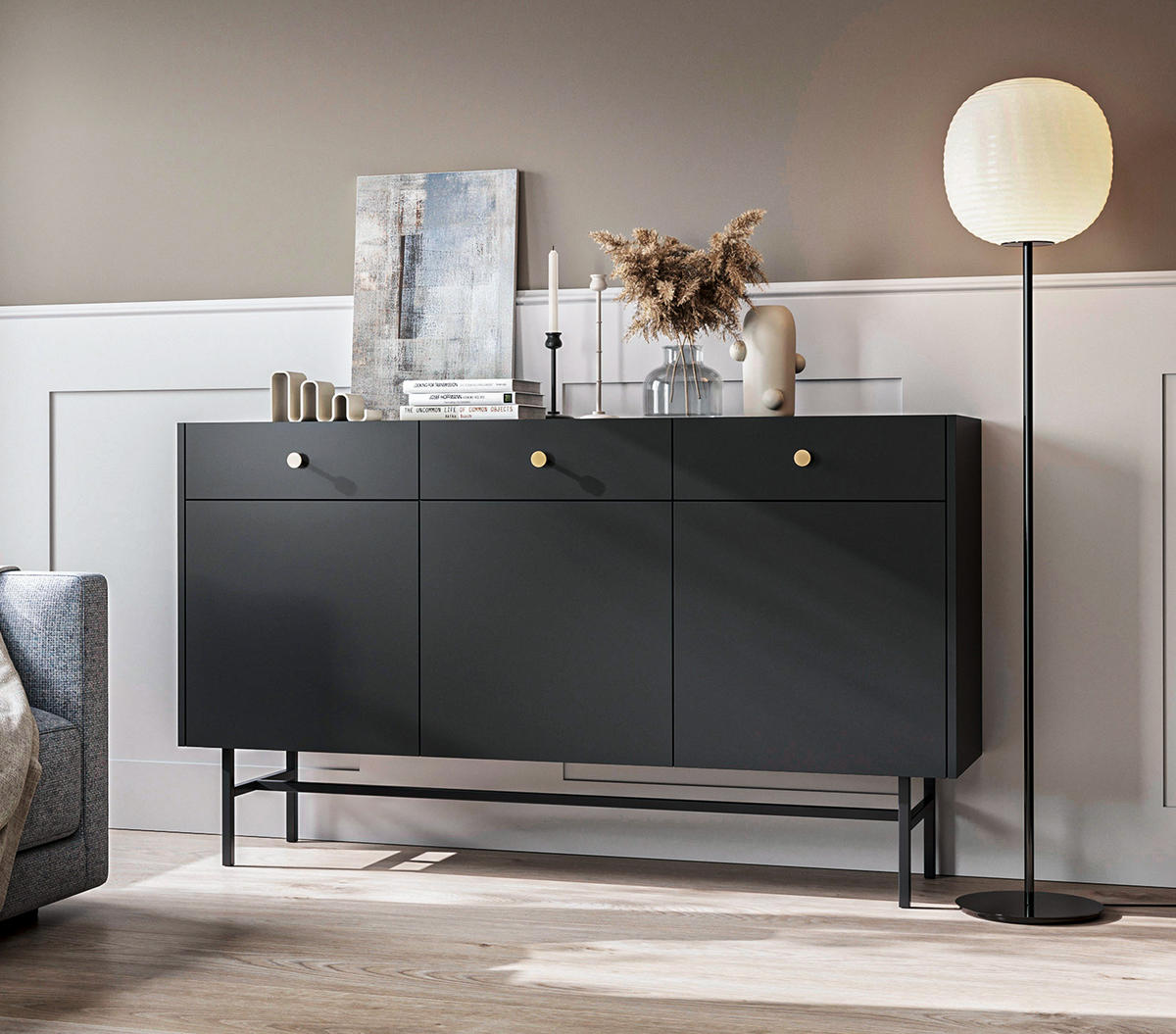 SIDEBOARD Dinley 3T 3S Schwarz 155/89,4/39 cm – mit schwarzen Beinen im minimalistischen Design - Schwarz, Holzwerkstoff/Metall (155/89.4/39cm) - AX Living