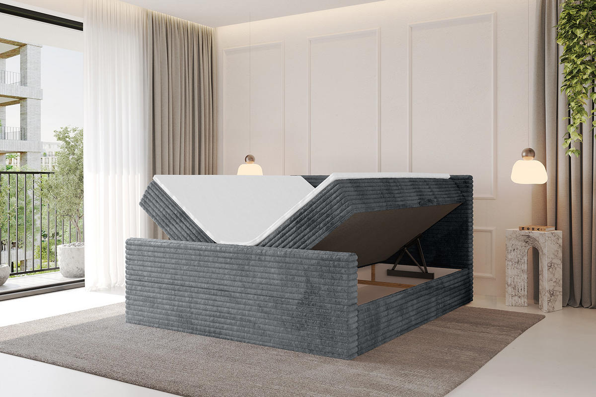BOXBETT mit Matratze H4 und Lattenrost - TOLO-Z-v1 - 200x200 Cord - Dunkelgrau - Dunkelgrau, Holzwerkstoff (200/200cm)