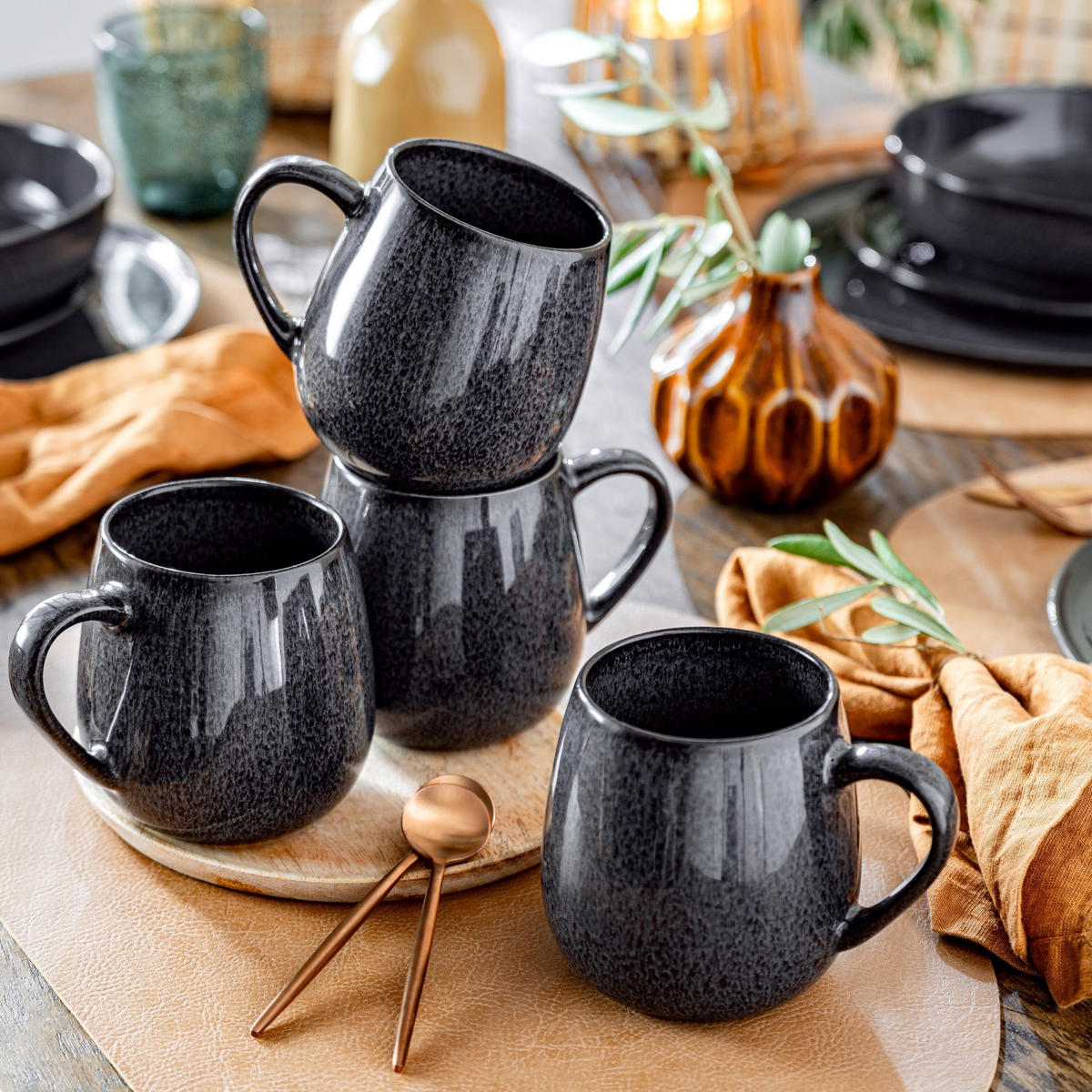 KAFFEEBECHER SET BALI - 4 teilig aus Steingut - Grau, Keramik (26/14/24cm) - Sänger