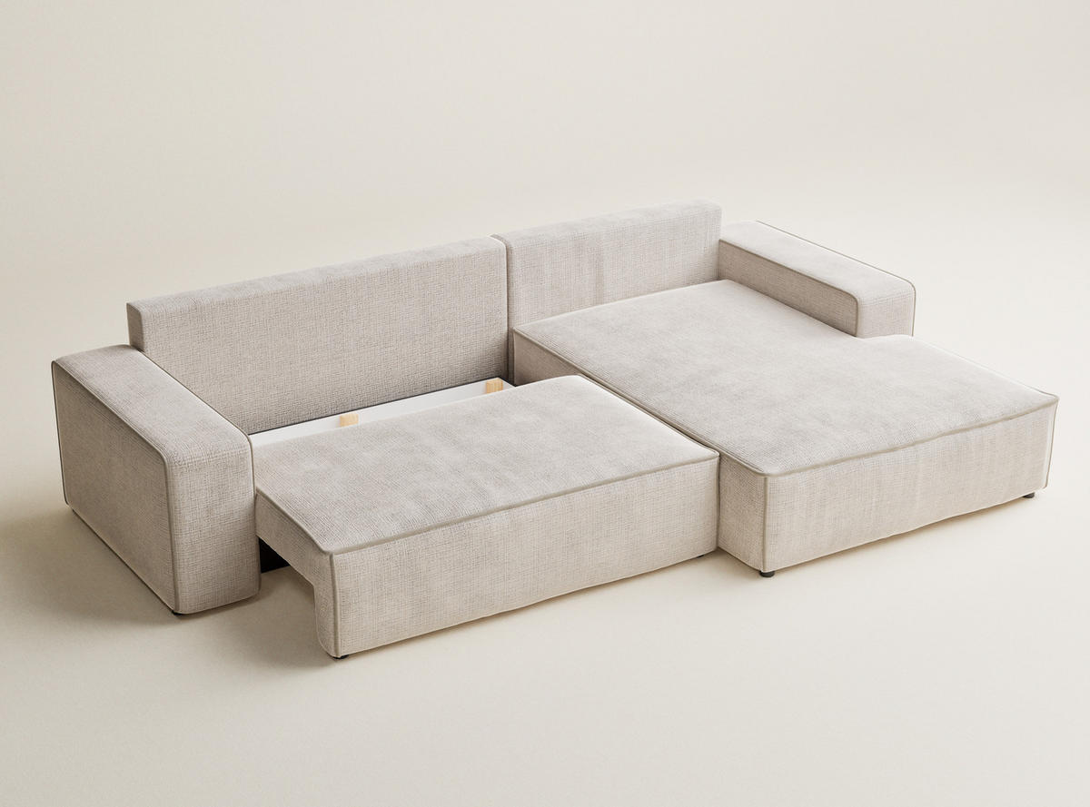 ECKSOFA MIT SCHLAFFUNKTION Modo Hellblau Chenille-Stoff - Rechts Seite - Beige/Creme, Holz/Holzwerkstoff (294/185cm) - Maison de Reve