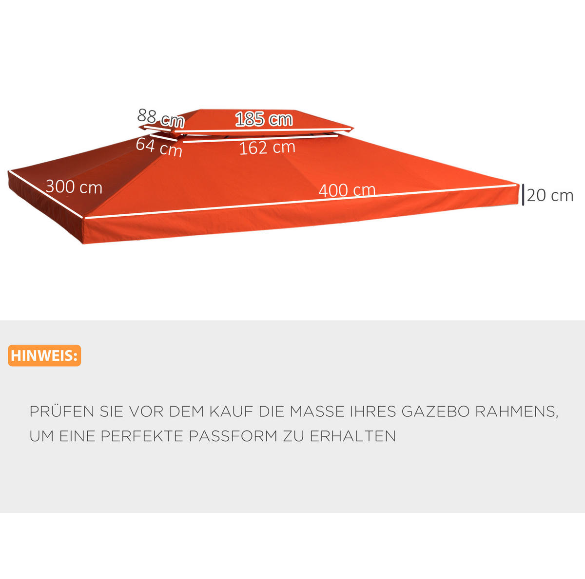 ERSATZDACH 400/300 cm mit Doppeldach und Wasserablauflöchern aus Polyester, Rostrot - Rot, Textil (300/20/400cm) - Redom