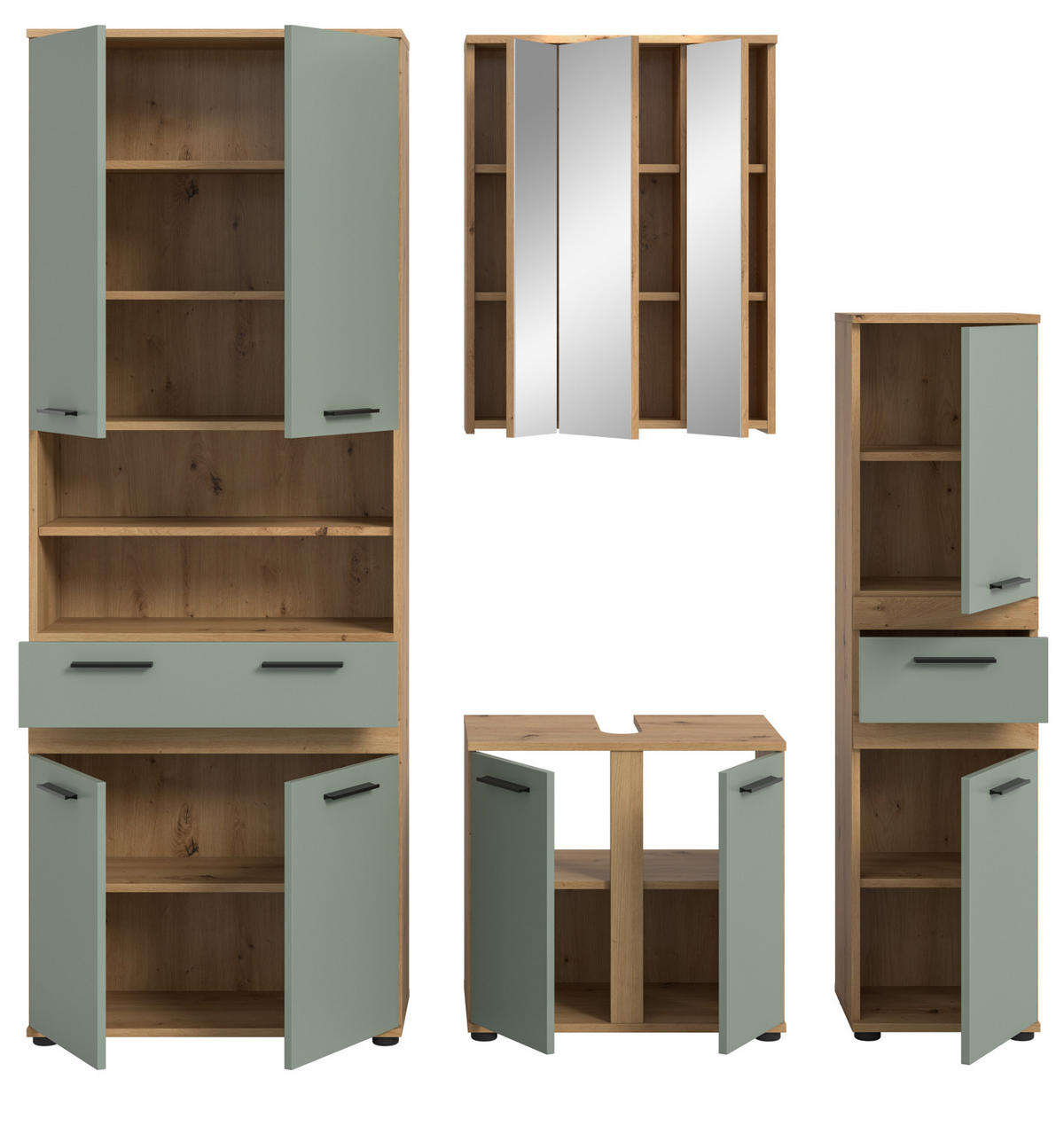 BADMÖBEL-SET 4-teilig Salbei grün, Artisan Eiche 195 cm, Badkombination mit viel Stauraum - Salbeigrün/Schwarz, Glas/Holzwerkstoff (195/191/34cm) - Inn.Furn