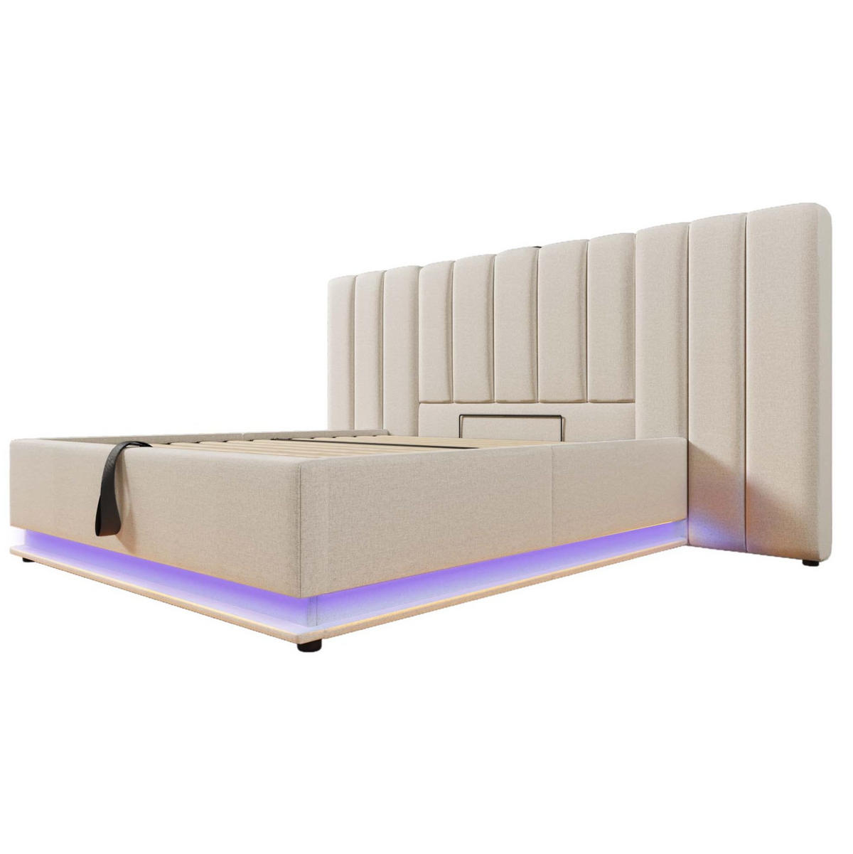 POLSTERBETT mit Stauraum, LED und USB 180x200 cm Leinen Beige inkl. Matratze - Beige, Metall (180/200cm) - Meubliv