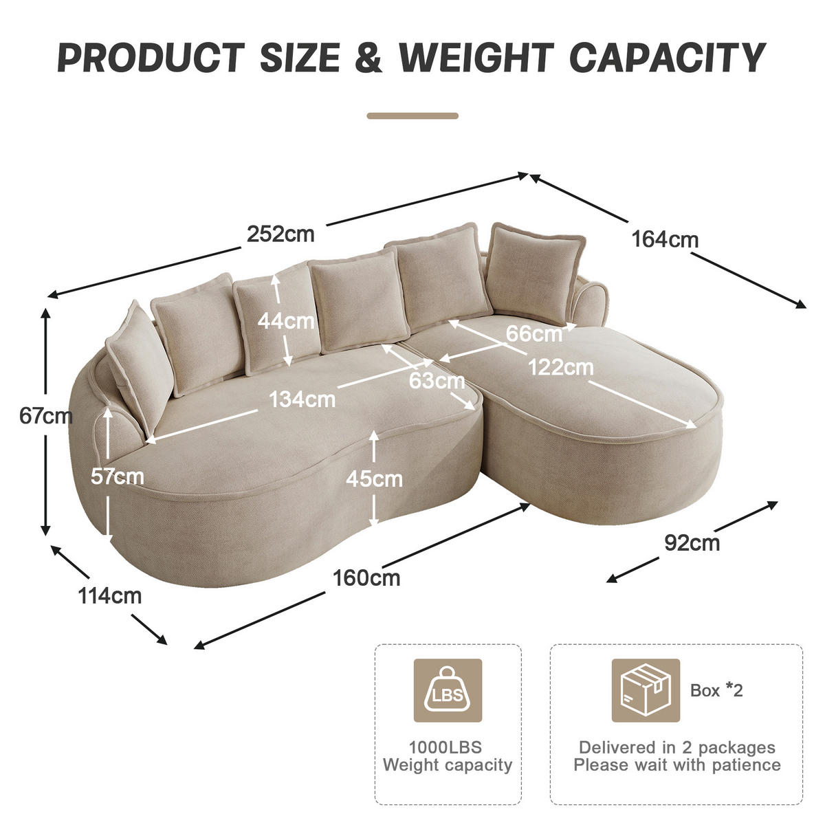 ECKSOFA chenille mit extra tiefer chaiselongue & rahmenlosem design - Hellbraun, Textil (252/164cm) - Urban Meuble