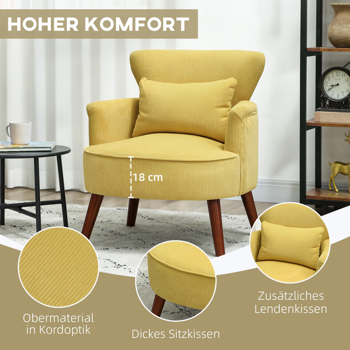 SESSEL mit Rückenlehne, abgerundeten Armlehnen Gepolstert Loungesessel Kordoptik - Gelb, Holz/Textil (69/78/69.5cm) - HOMCOM