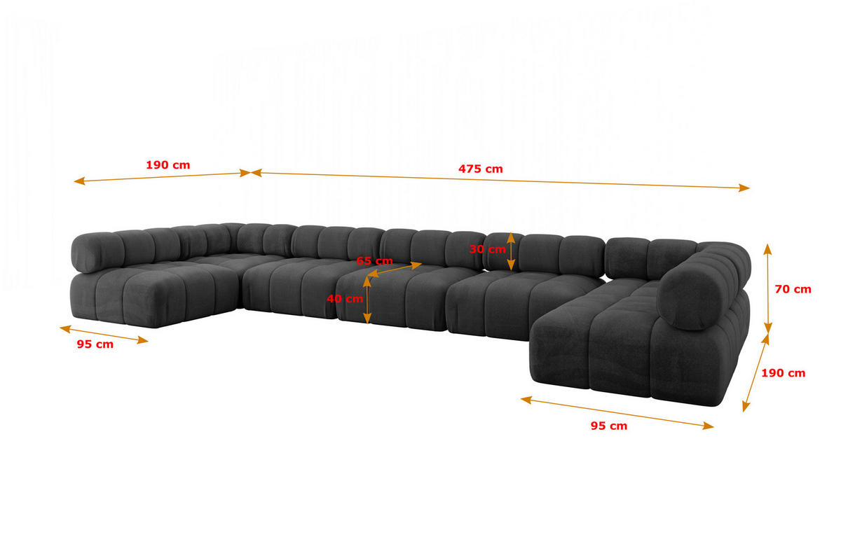 WOHNLANDSCHAFT modulares Sofa Garvo-U3 - 475x190x70 cm Schwarz Velours - Schwarz, Holzwerkstoff/Textil (475/70/190cm) - ALTDECOR