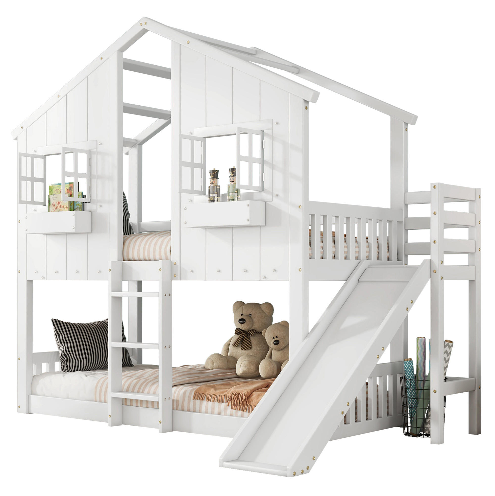 HAUSBETT 90/200 cm mit Rutsche und Dach – Weiß/Natur aus Kiefer und MDF - Weiß, Holz (90/200cm) - BEAOK