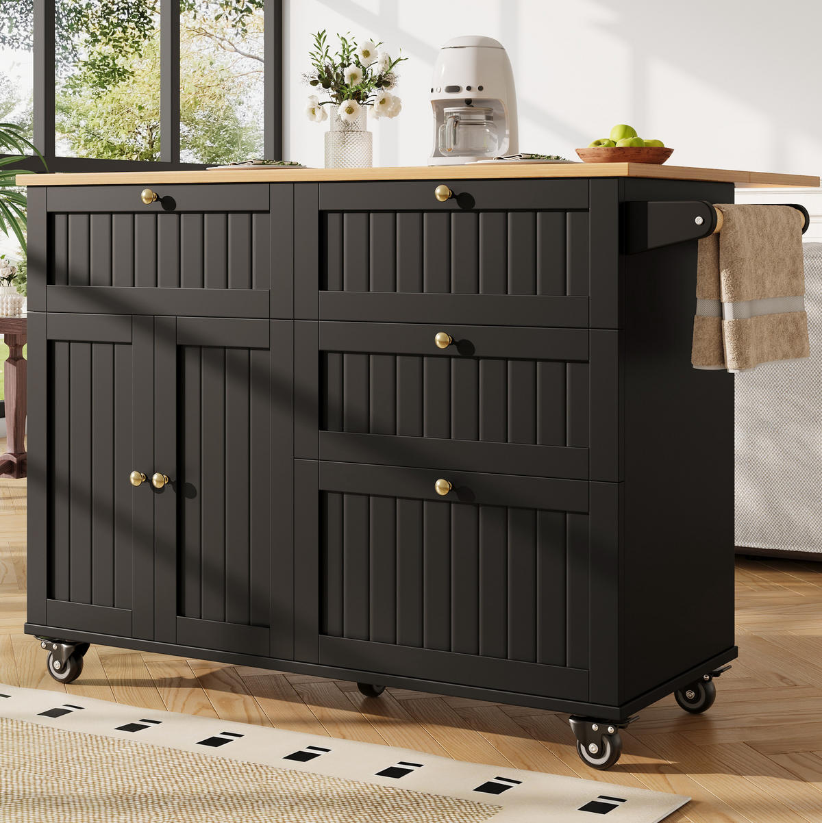 KÜCHENINSEL 133/37,3/88 cm schwarz aus MDF mit Rollen - Schwarz, Holzwerkstoff (133/88/37cm) - OKWISH