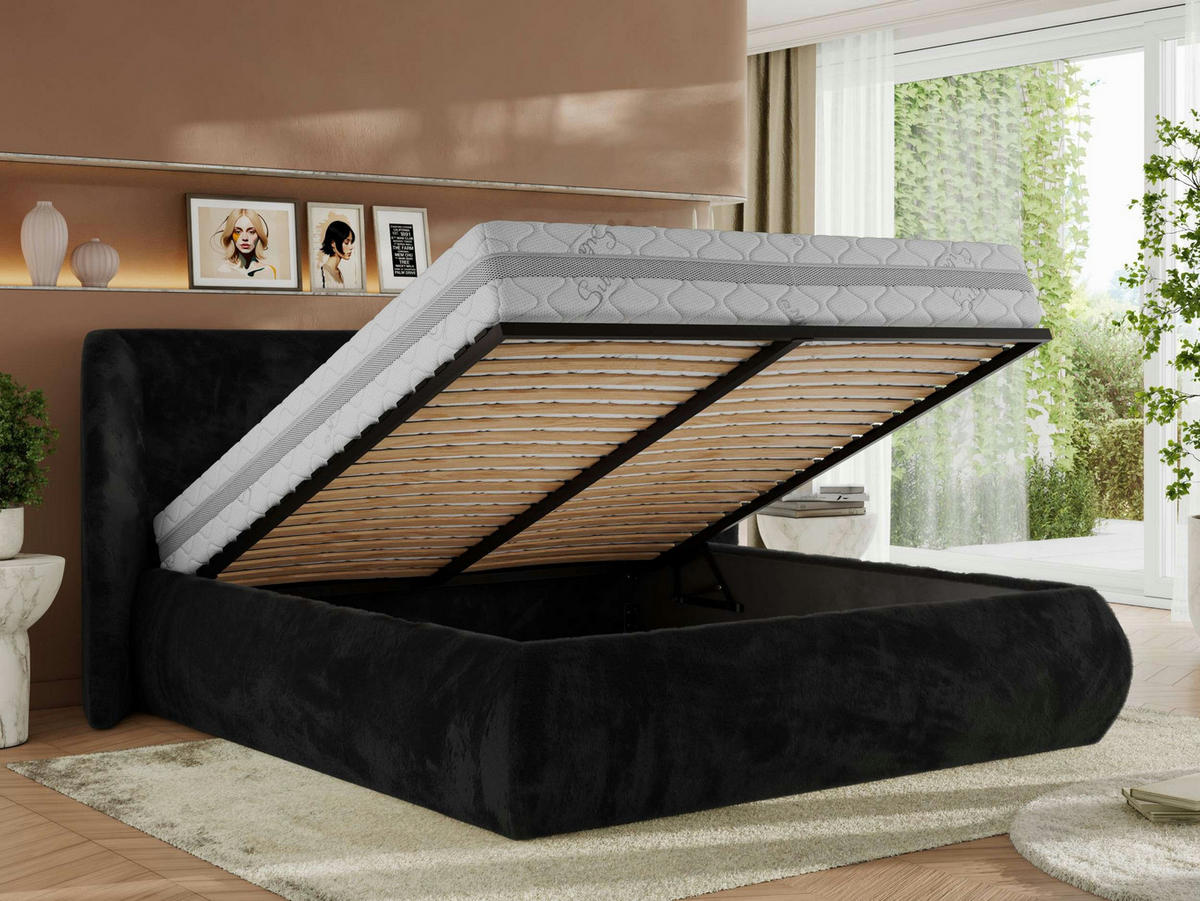 POLSTERBETT CAELA CLASSIC 140/200 - Schwarz Plüsch - Multipocket-Matratze - Schwarz, Textil (140/200cm) - MKS