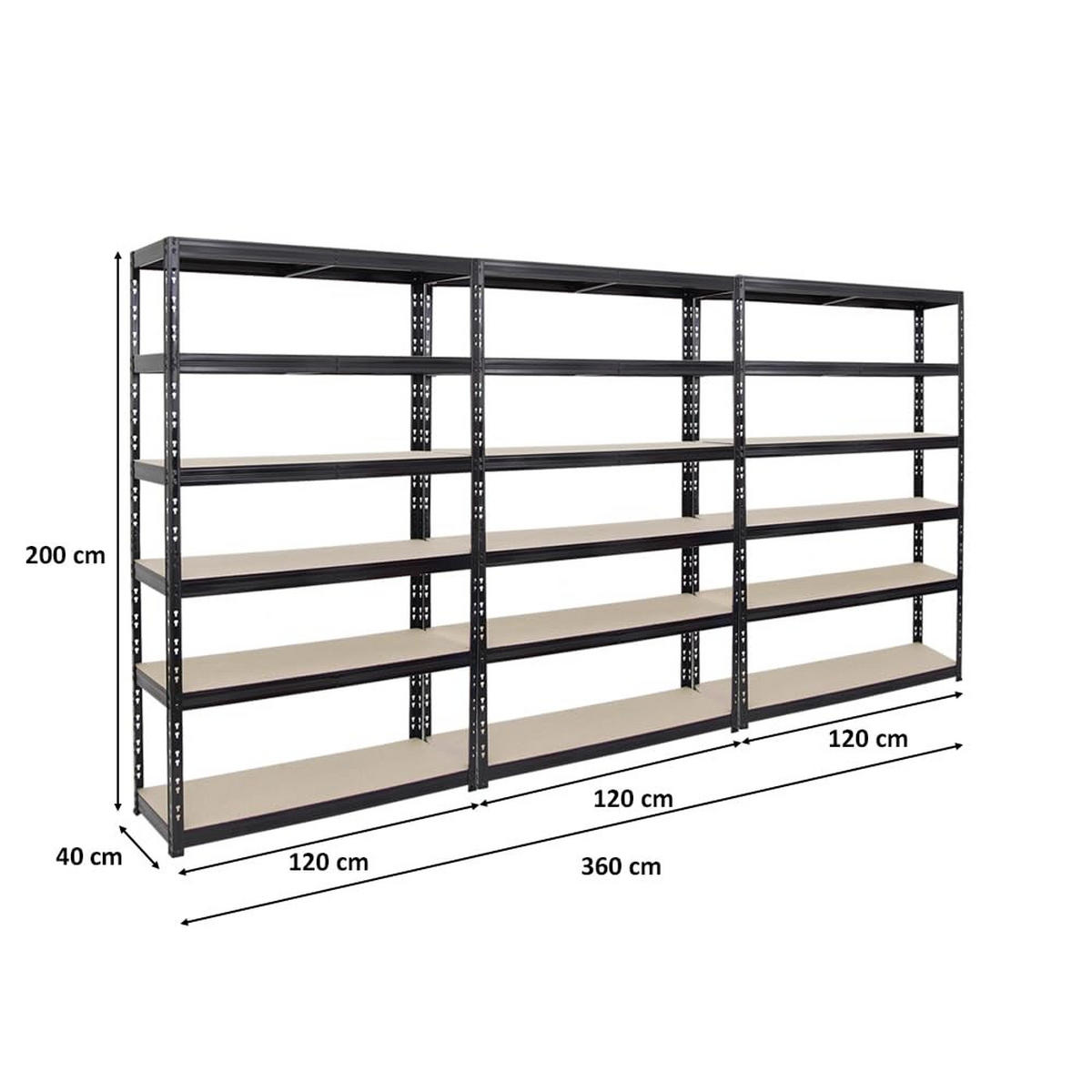 SCHWERLASTREGAL Giant Tiger 3er-Set mit 3x 200x120x40 cm Fachlast 265 kg 6-Ebenen Schwarz - Schwarz, Metall (360/200/40cm) - PROREGAL