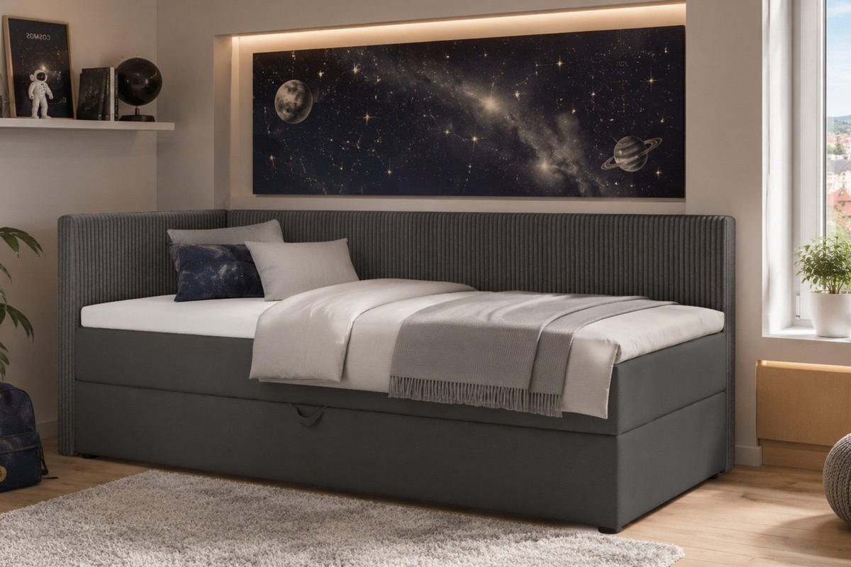 BOXBETT RICO 90/200 in Cord/Velours Anthrazit H3 links - Anthrazit, Holz/Holzwerkstoff (90/200cm) - Deine Möbel 24