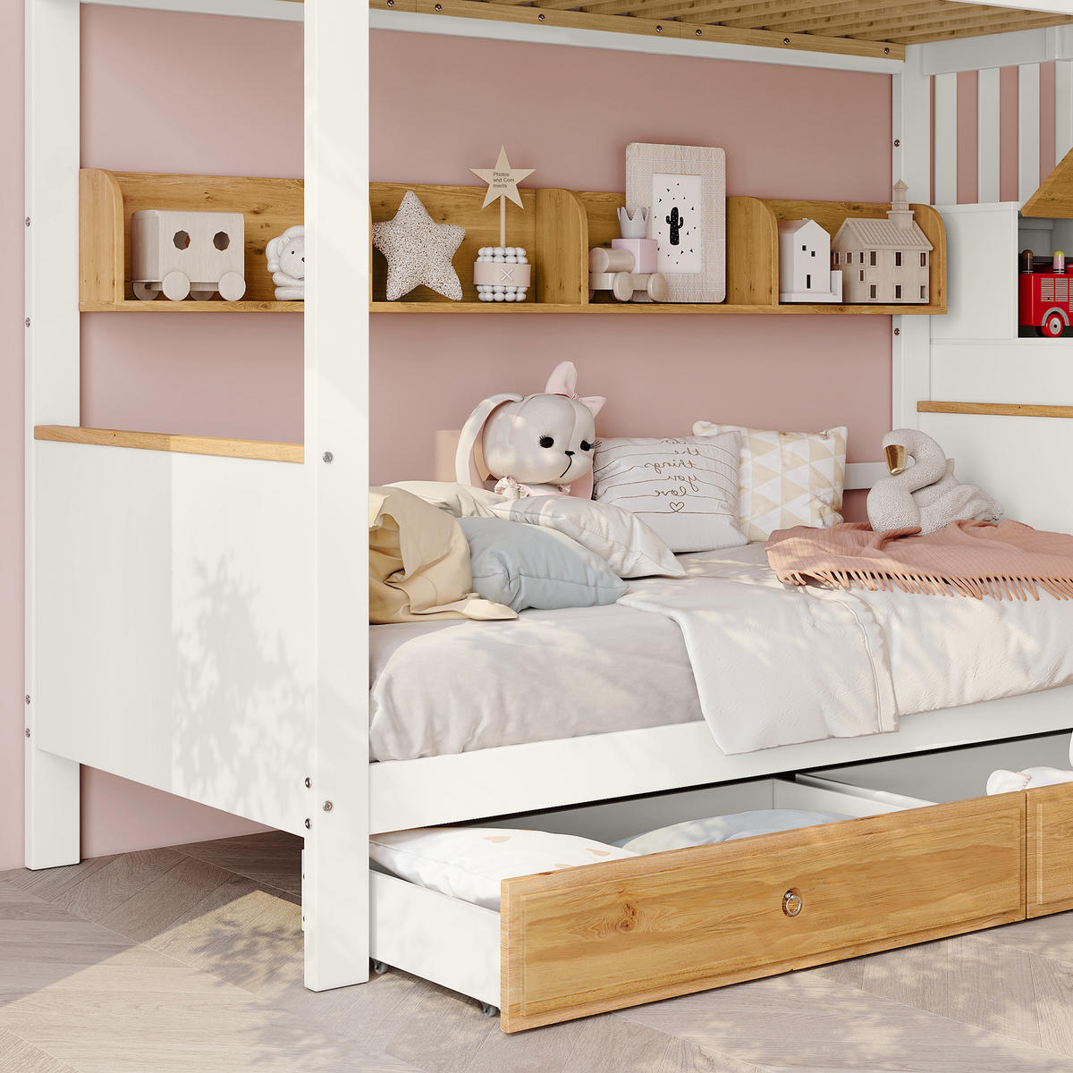 ETAGENBETT 90/200 cm & 90/200 cm in Weiß & Natur Kinderbett mit 2 Schubladen, Regal und Stauraumtreppe - Weiß, Holzwerkstoff (90/200cm) - STILVORA