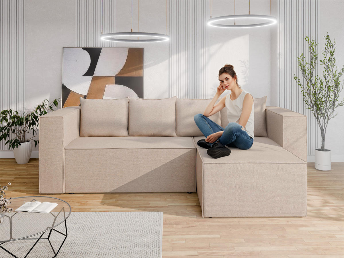 ECKSCHLAFSOFA AURIX Schlafsofa mit Bettkasten, Beige - Beige, Holz (150/244cm) - Panda Möbel