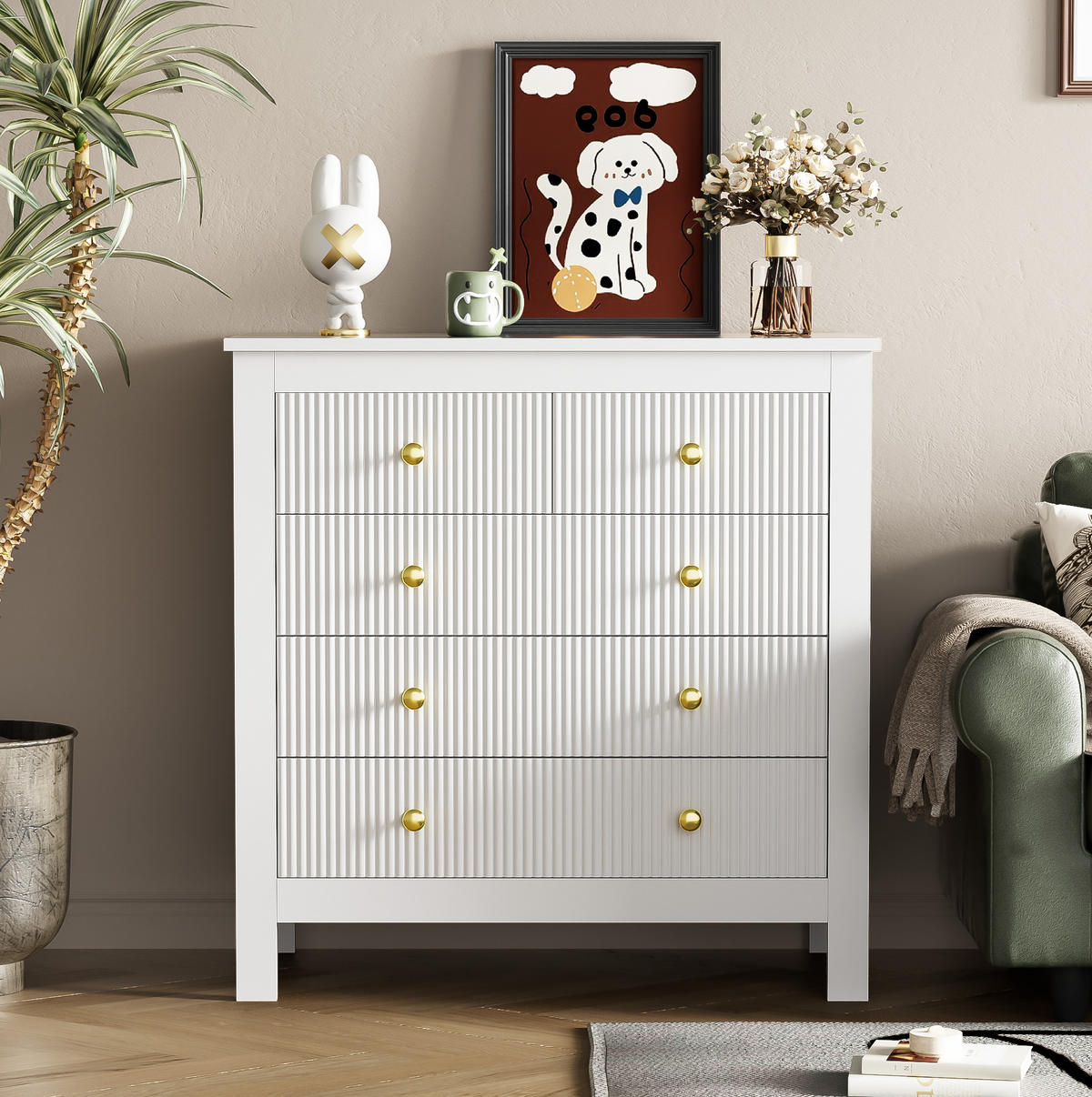 KOMMODE aus Spanplatte 79x80,5x39,5 cm Weiß mit 5 Schubladen und goldfarbenen Griffen - Weiß, Holzwerkstoff (80.5/80.5/39.5cm) - IVMEU
