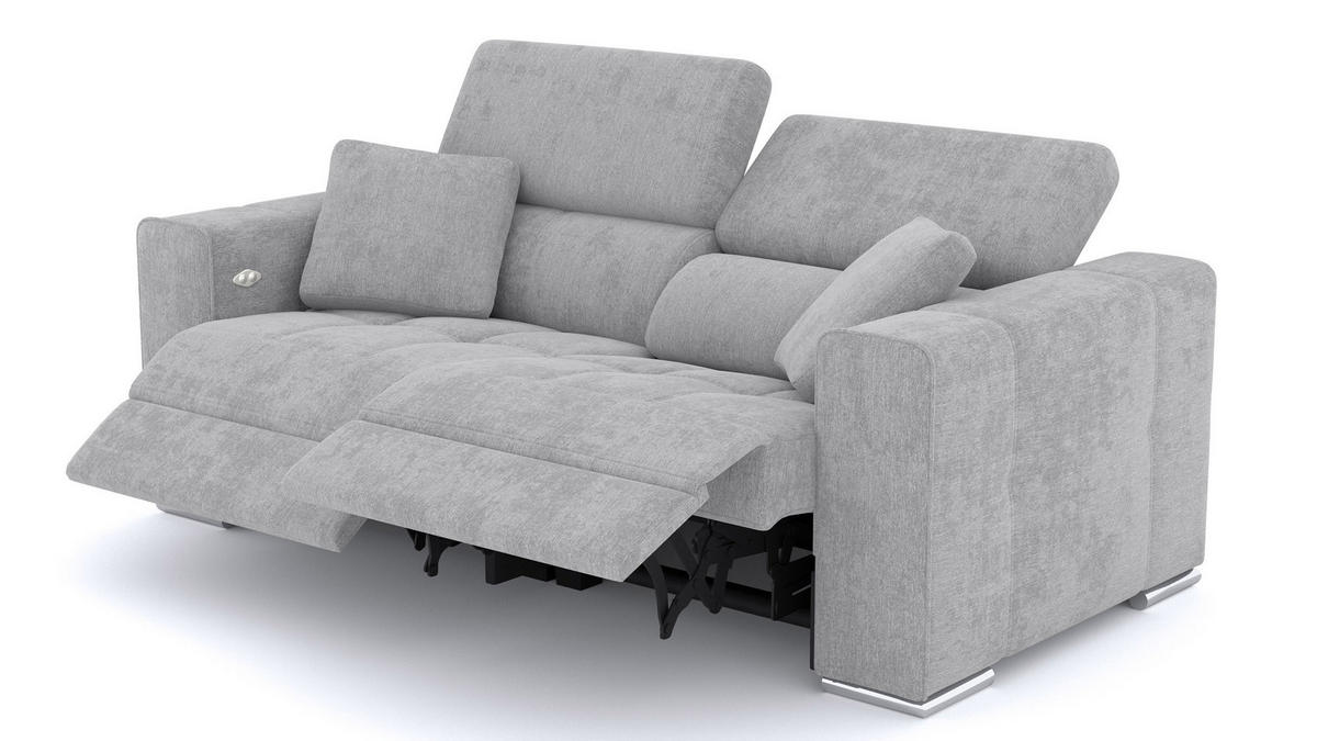 SOFA QUARTZ 3-Sitzer mit 2 Relaxfunktionen, hellgrau - Silberfarben/Hellgrau, Holzwerkstoff/Textil (204/80/102cm) - Courtois Laville