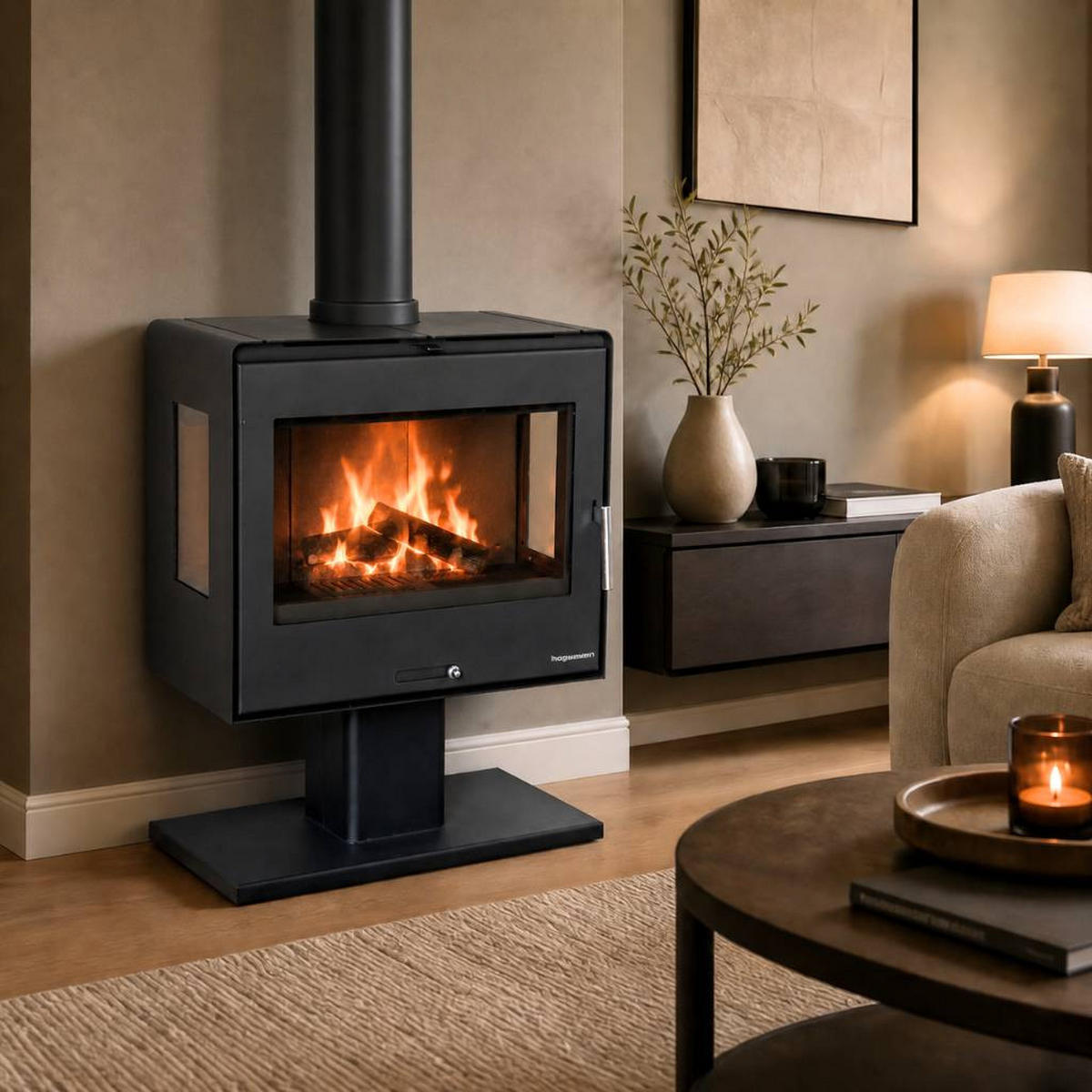 KAMINOFEN Holzofen Wohnzimmer Holzkamin 5071 Panorama 3 Seiten Glas 10 kW - Schwarz, Metall (70.4/90/38cm) - DanDiBo