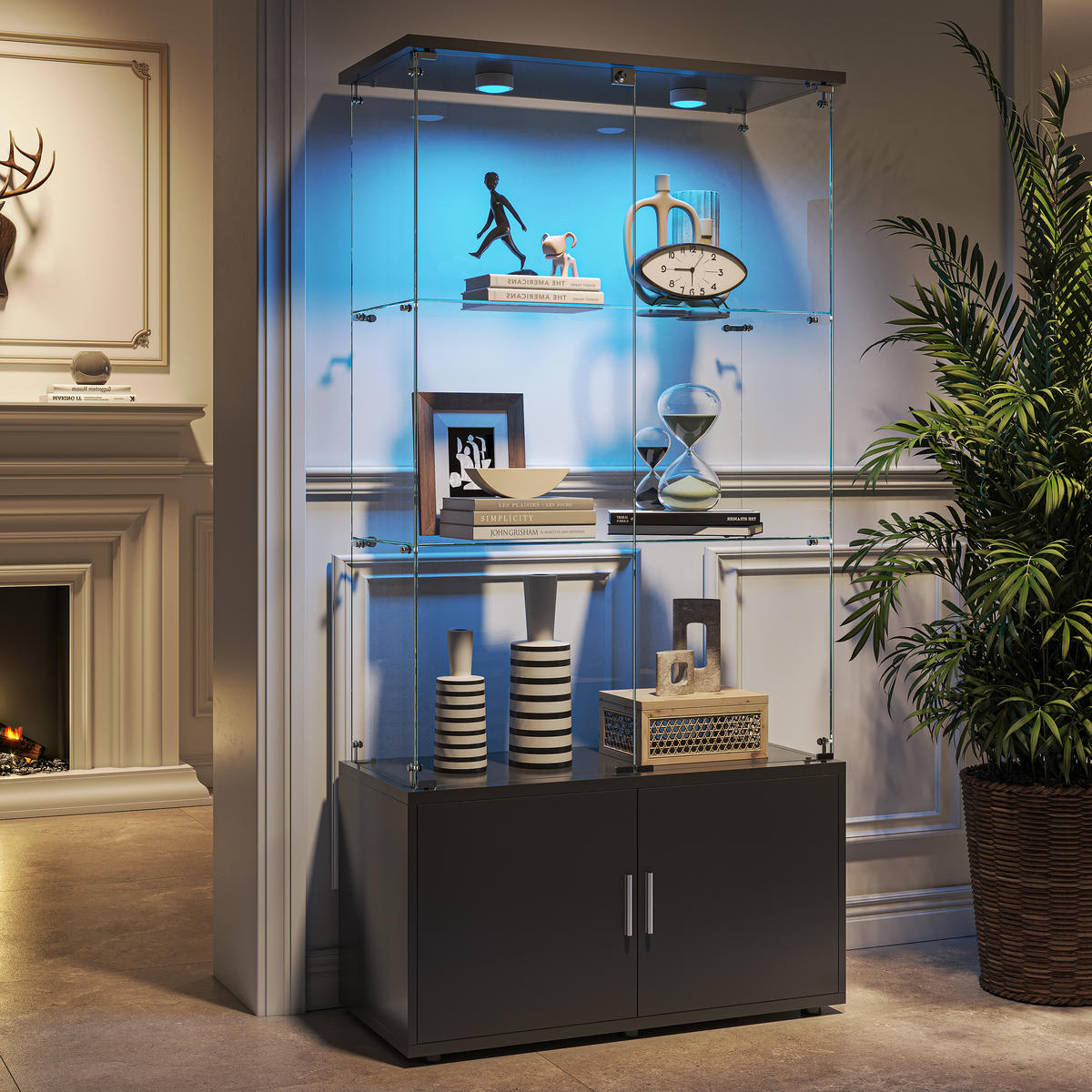 GLASVITRINE 4 Türen 6 Einlegeböden LED Touch schwarz - Schwarz, Holz (78.5/164/35cm) - Fortuna Lai