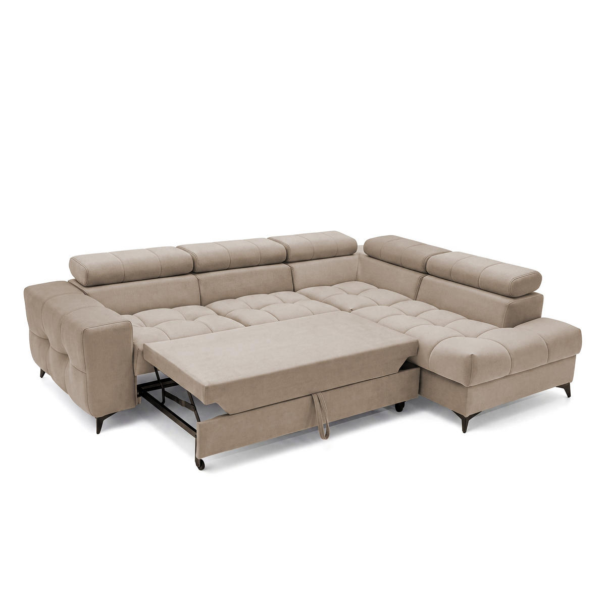 ECKSOFA PUDDING L Rechts mit Schlaffunktion 125x195 Velours Beige - Beige/Schwarz, Holz/Textil (275/203cm) - Muffo