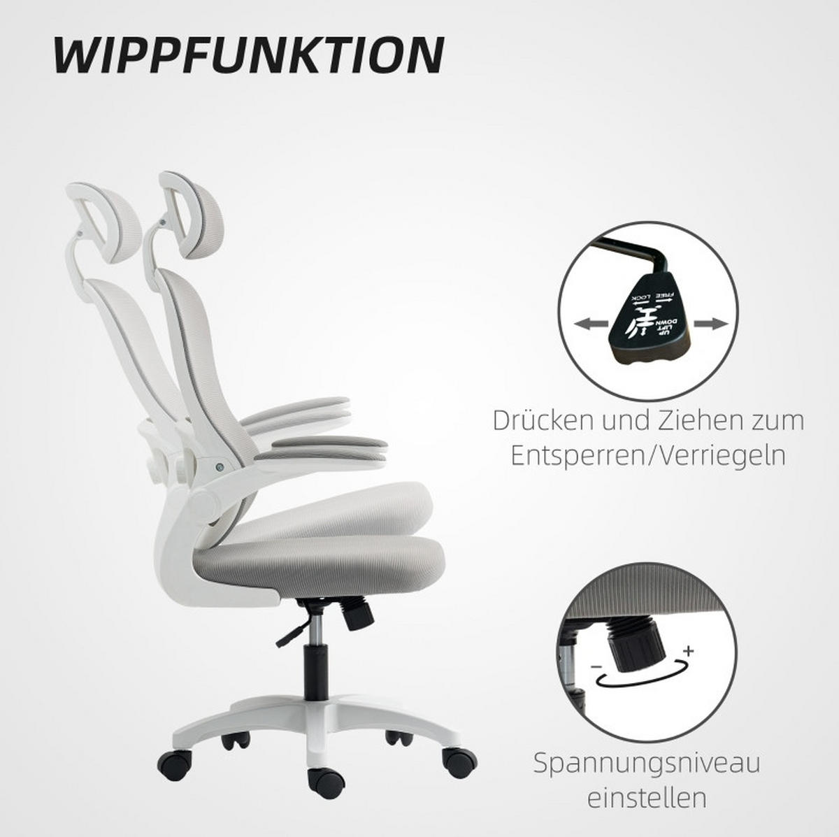 DREHSTUHL Grau mit Netzrücken, Wippfunktion und klappbaren Armlehnen,64/115/62 cm - Grau, Kunststoff (62/115/64cm) - Flora Grace