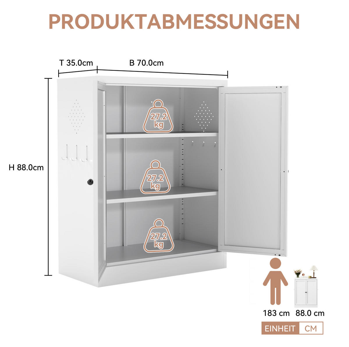 SIDEBOARD 70/35/88 cm aus Metall mit höhenverstellbaren Einlegeböden Weiß - Weiß, Metall (70/88/35cm) - Modenvie