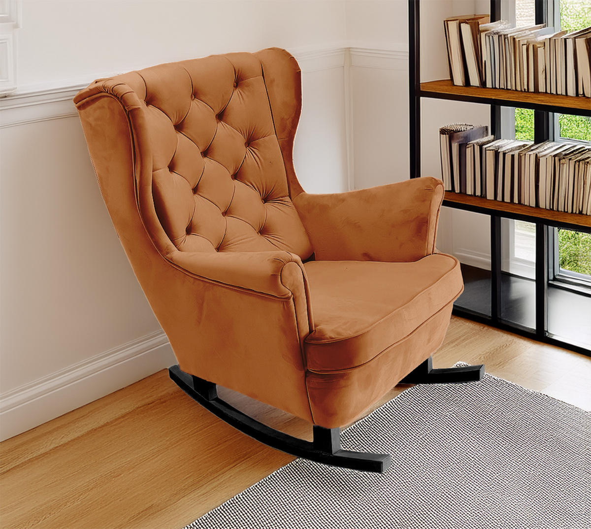 SCHAUKELSESSEL mit gepolstertem Sitz und Armlehnen, 102x81x95 cm, Orange_29824 - Schwarz/Orange, Holz/Textil (81/102/95cm) - DomoHome