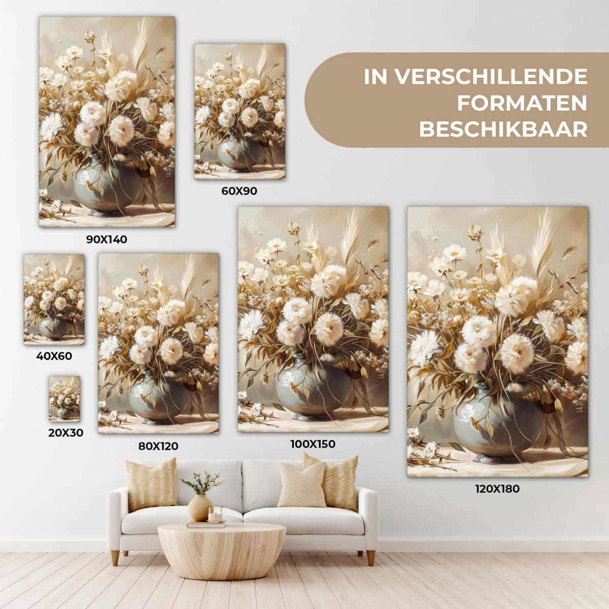 LEINWANDBILD Blumen - Vase - Stilleben - Beige Wanddeko 40x60 cm - Creme, Textil (40/60cm) - MuchoWow
