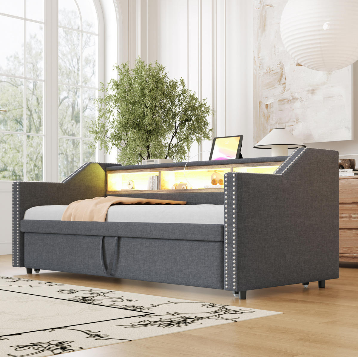 SCHLAFSOFA 90/190 cm ausziehbar mit LED-Beleuchtung, USB-Anschluss und Ablagefächern, Dunkelgrau - Dunkelgrau, Textil (203.5/74/194cm) - Redom