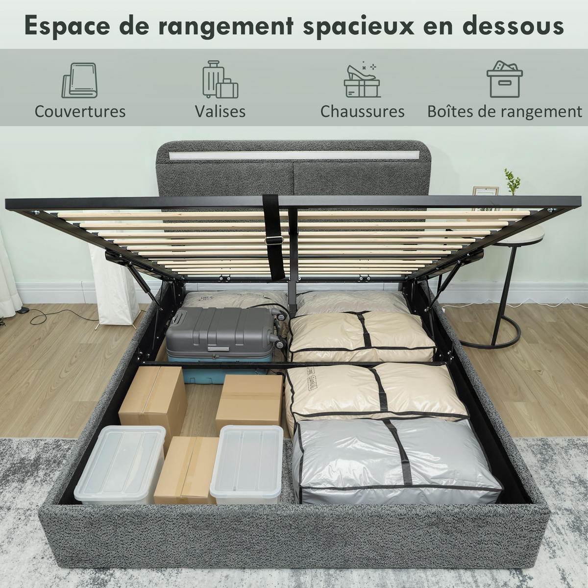 BETT 140x190 cm DE-14653 mit LED-Beleuchtung & verstellbarem Kopfteil Grau - Grau, Textil (140/190cm) - ComfortXL