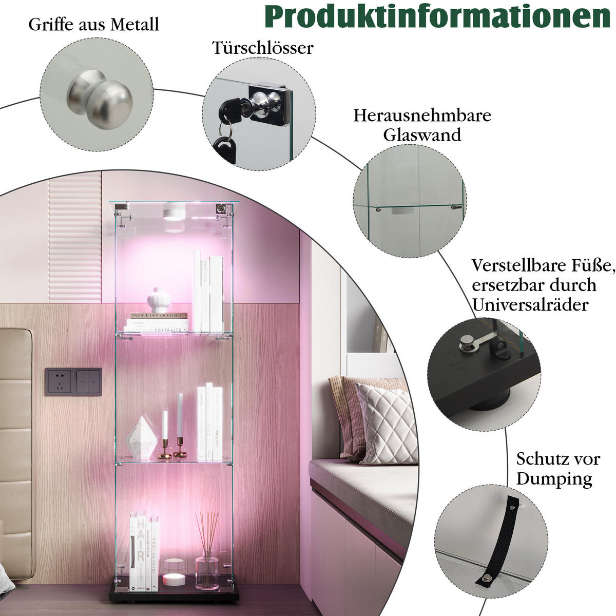 GLASVITRINE Mit LED, 3 Regale, Schloss, Glas-Schrank Für Wohnzimmer - Schwarz, Holz (35/123.3/39.8cm)