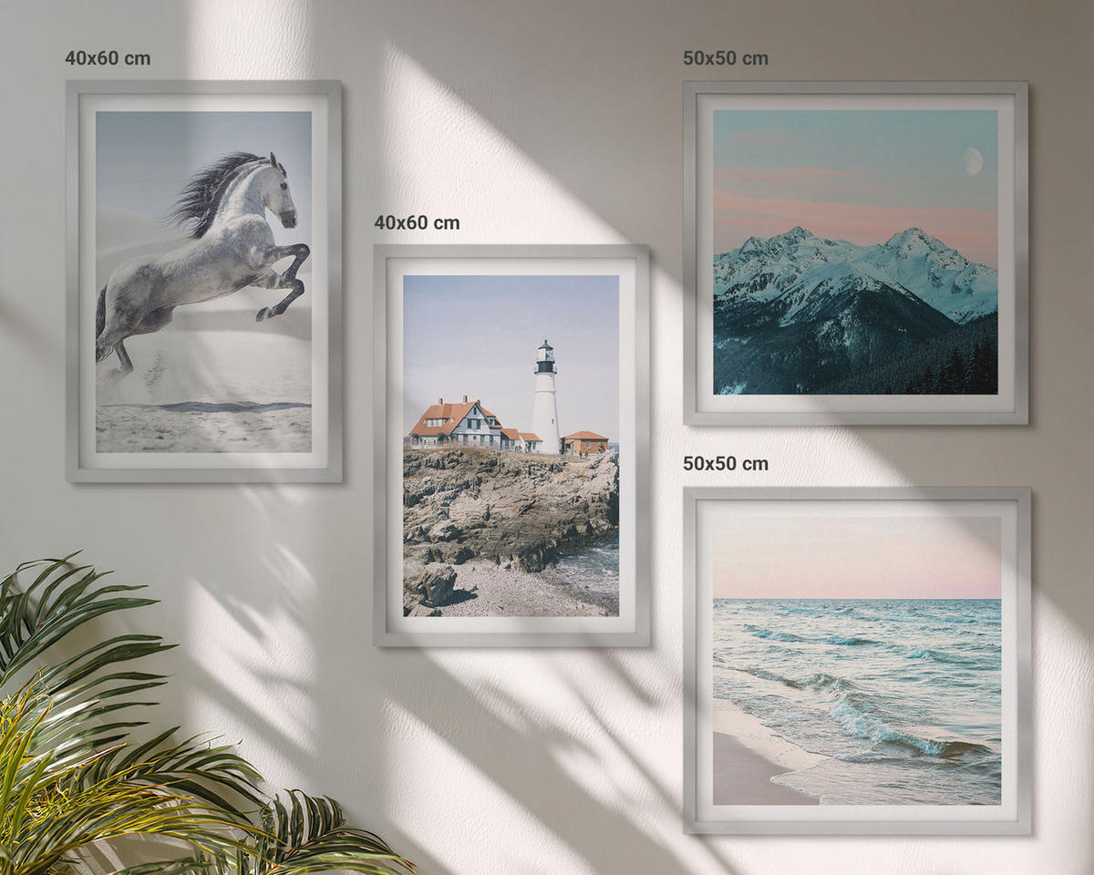 WANDBILDER 4er Set - 50x50 cm & 40x60 cm Silberner Rahmen - Pferde, Bewegung, Strand, Leuchtturm, Berge - Silberfarben, Kunststoff (50/50cm) - ArtPrintCave