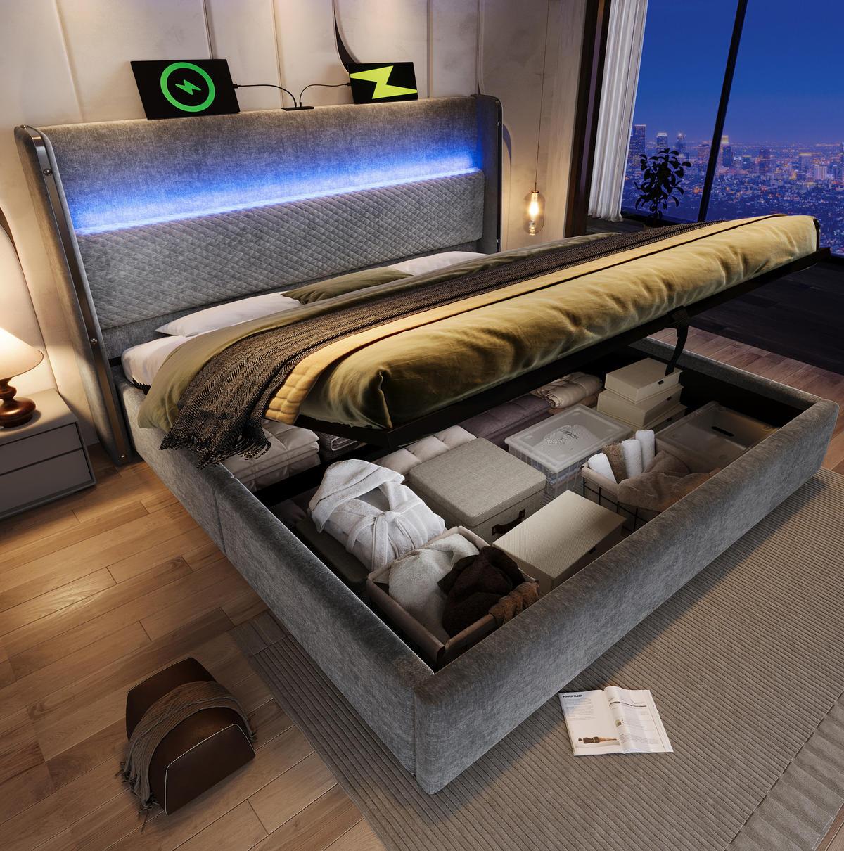 POLSTERBETT aus Leinen 180x200 cm Grau mit Bettkasten, LED-Beleuchtung und USB-/Type-C-Anschlüssen - Grau, Textil (180/200cm) - IVMEU