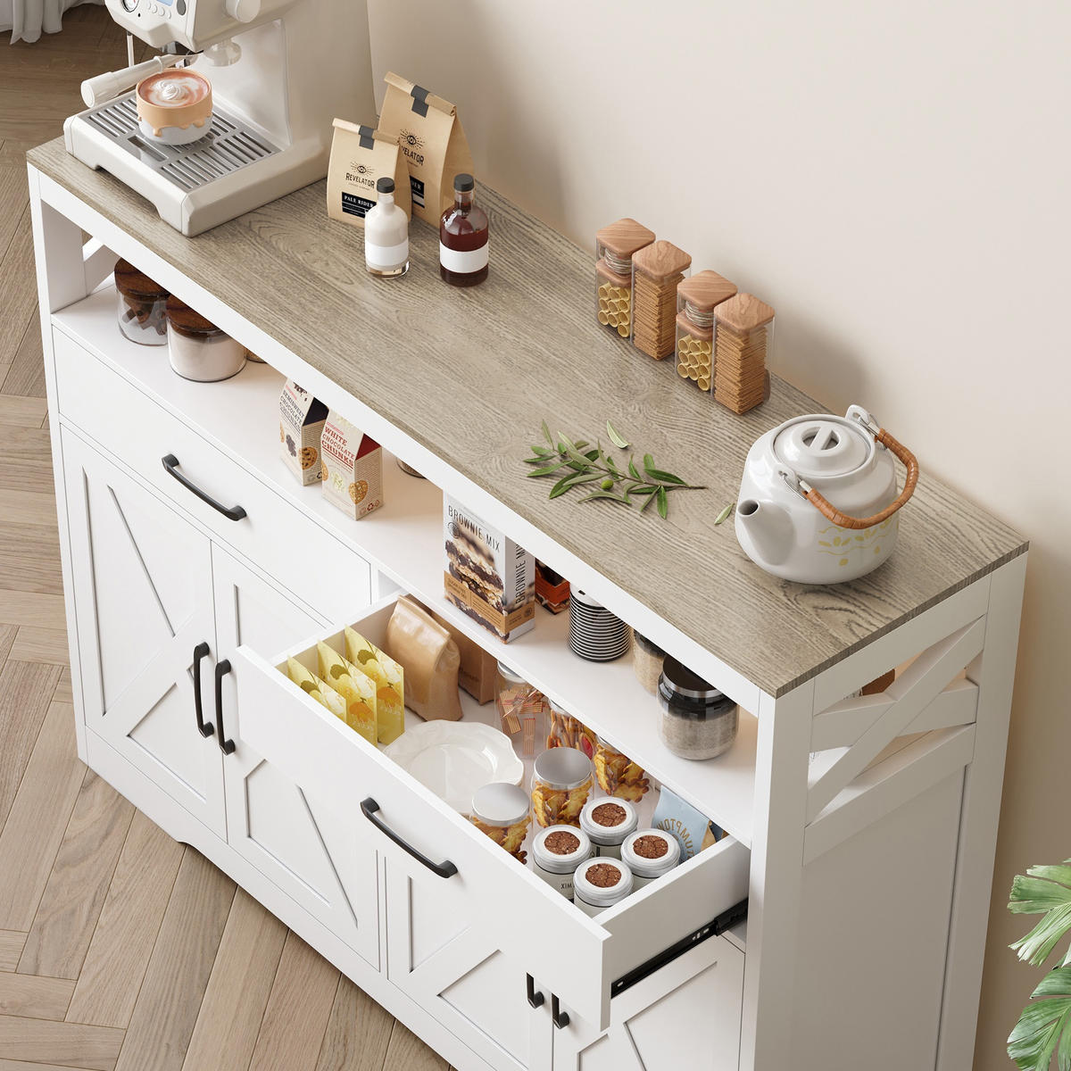 SIDEBOARD 140 cm, Skandinavischer Stil mit Kreuzdekoration, 2 Schubladen, 4 Türen und offenen Regalen, Weiß - Weiß, Holzwerkstoff (140/40/105cm) - Waldena