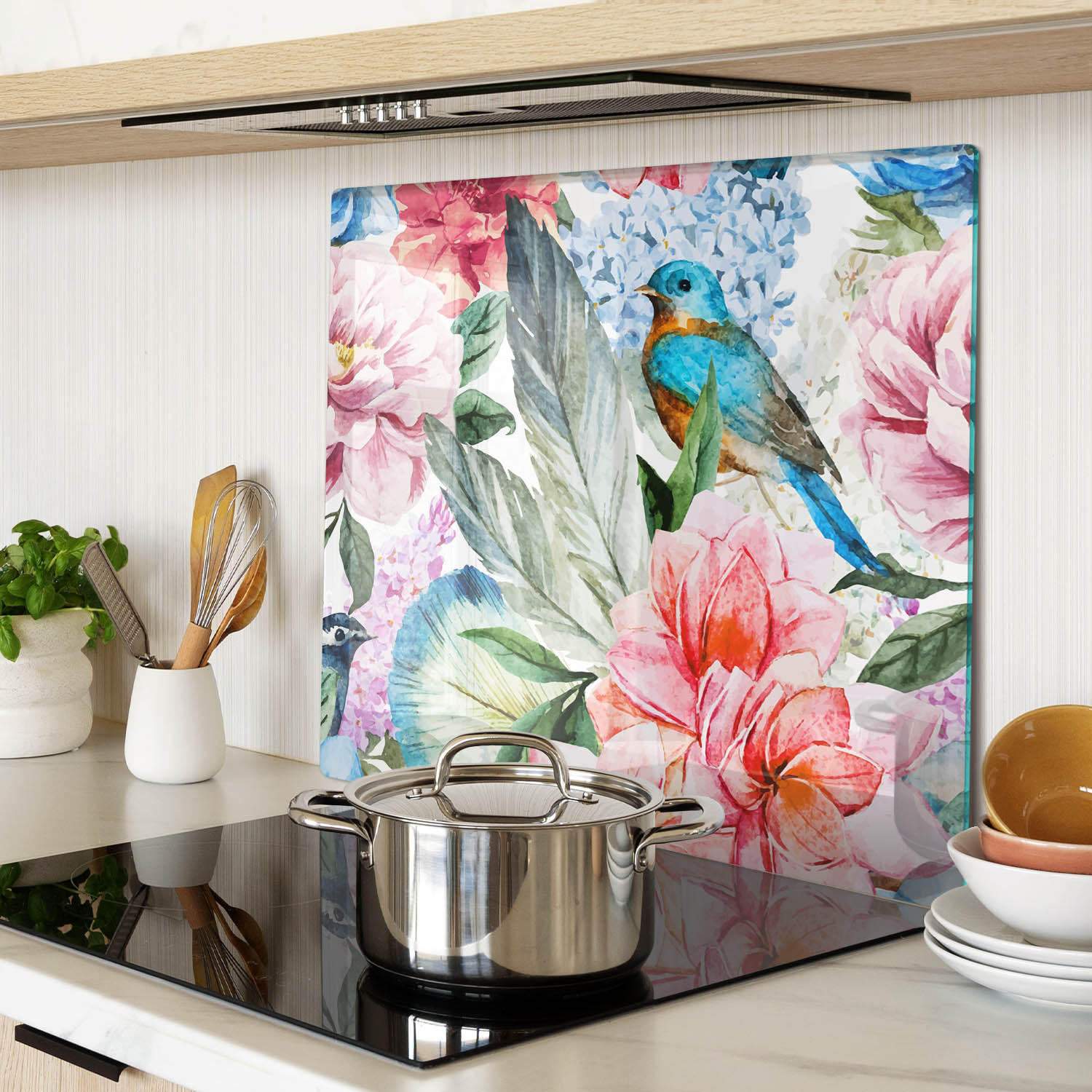 GLASPLATTE 60x52 cm Blumen und Vögel - Schwarz, Glas (60/0.4/52cm) - TULUP
