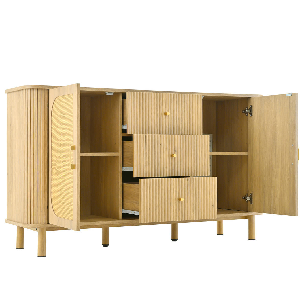 SIDEBOARD 140/40/80 cm in Natur mit Rattantüren und 3D-Wellenschubladen - Naturfarben, Holzwerkstoff (140/80/40cm) - Flora Grace