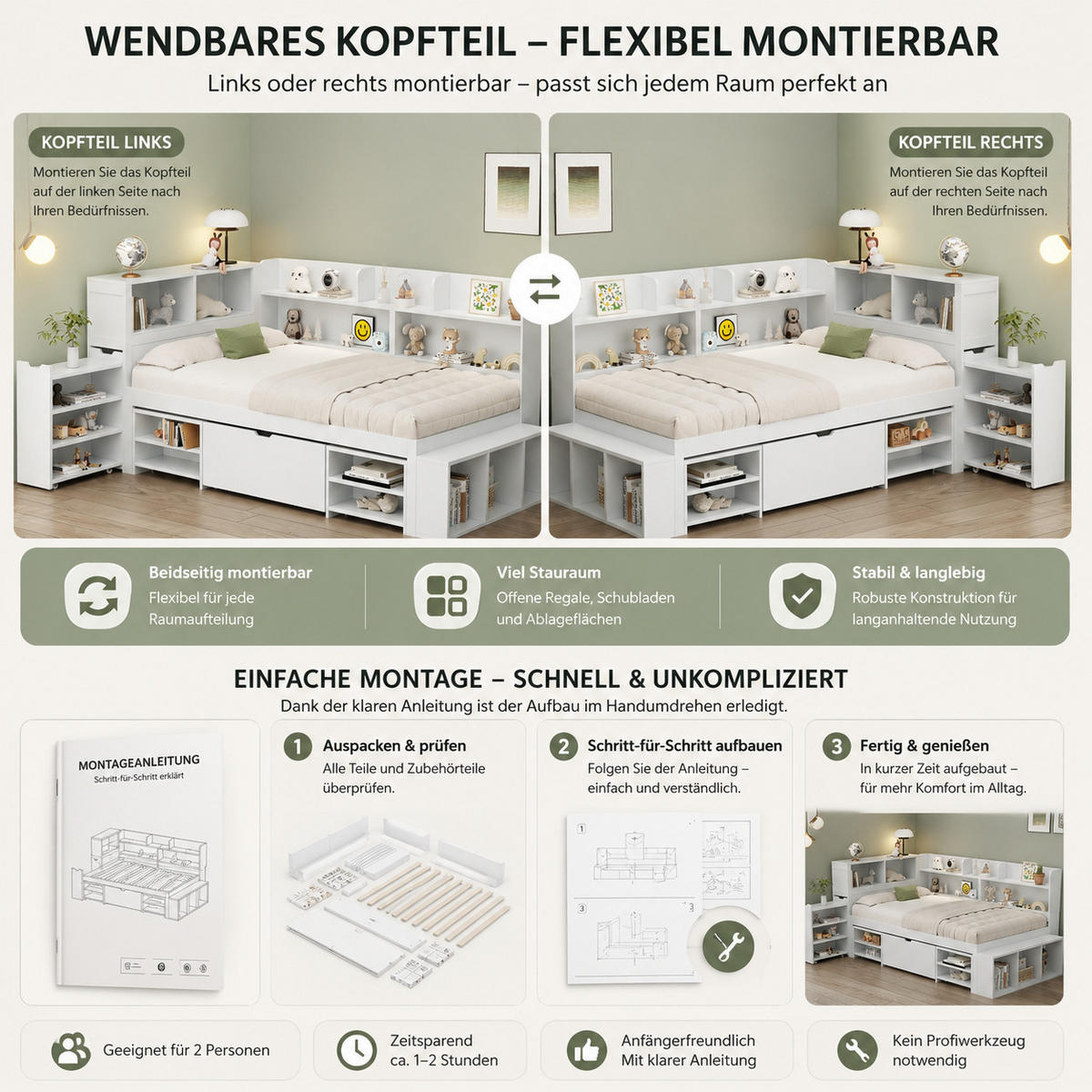 KINDERBETT mit Stauraum 140x200 cm Weiß mit Lattenrost - Weiß, Holz (140/200cm) - Meubliv