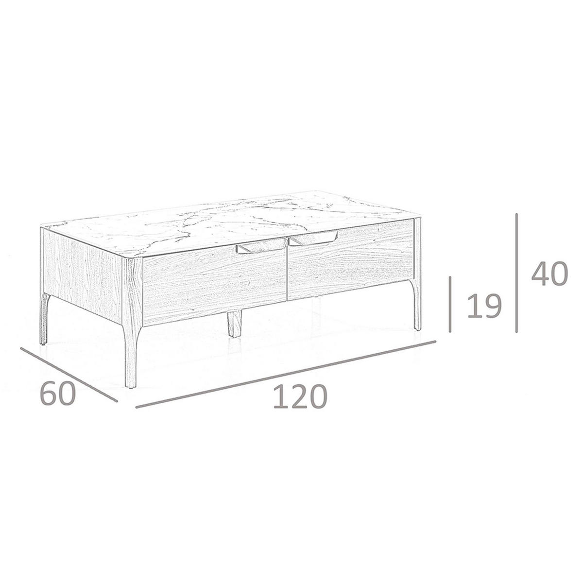 COUCHTISCH Rechteckiger Couchtisch aus Glas mit Marmor- und Nussbaumimitation 120/60/40 cm - Messingfarben/Nussbaumfarben, Glas/Holz (60/120/40cm) - ANGEL CERDA