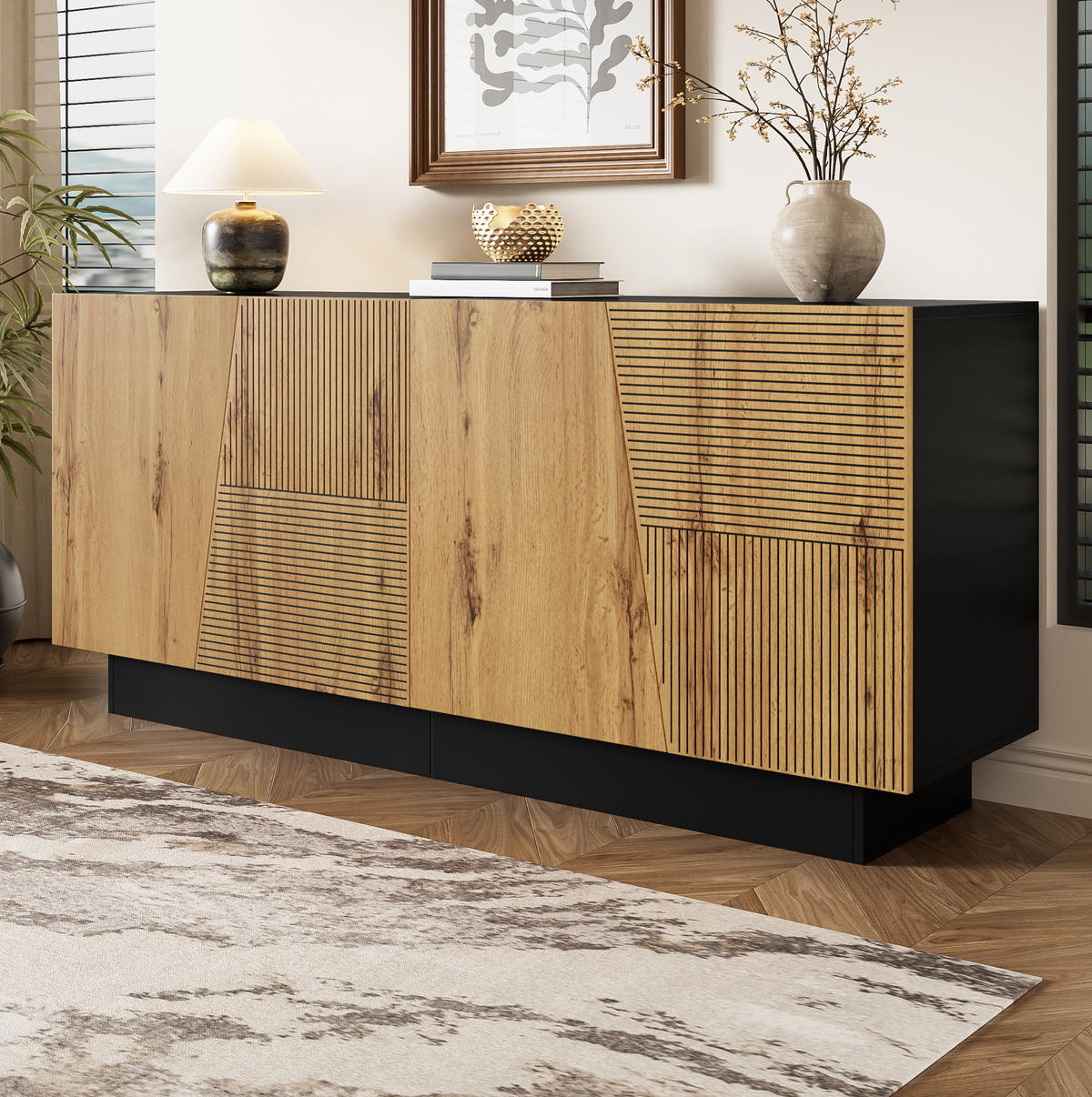 SIDEBOARD 160/40/72 cm Schwarz und Holzfarbe aus Spanplatte mit Stauraum - Schwarz, Holzwerkstoff (40/72/160cm) - OKWISH