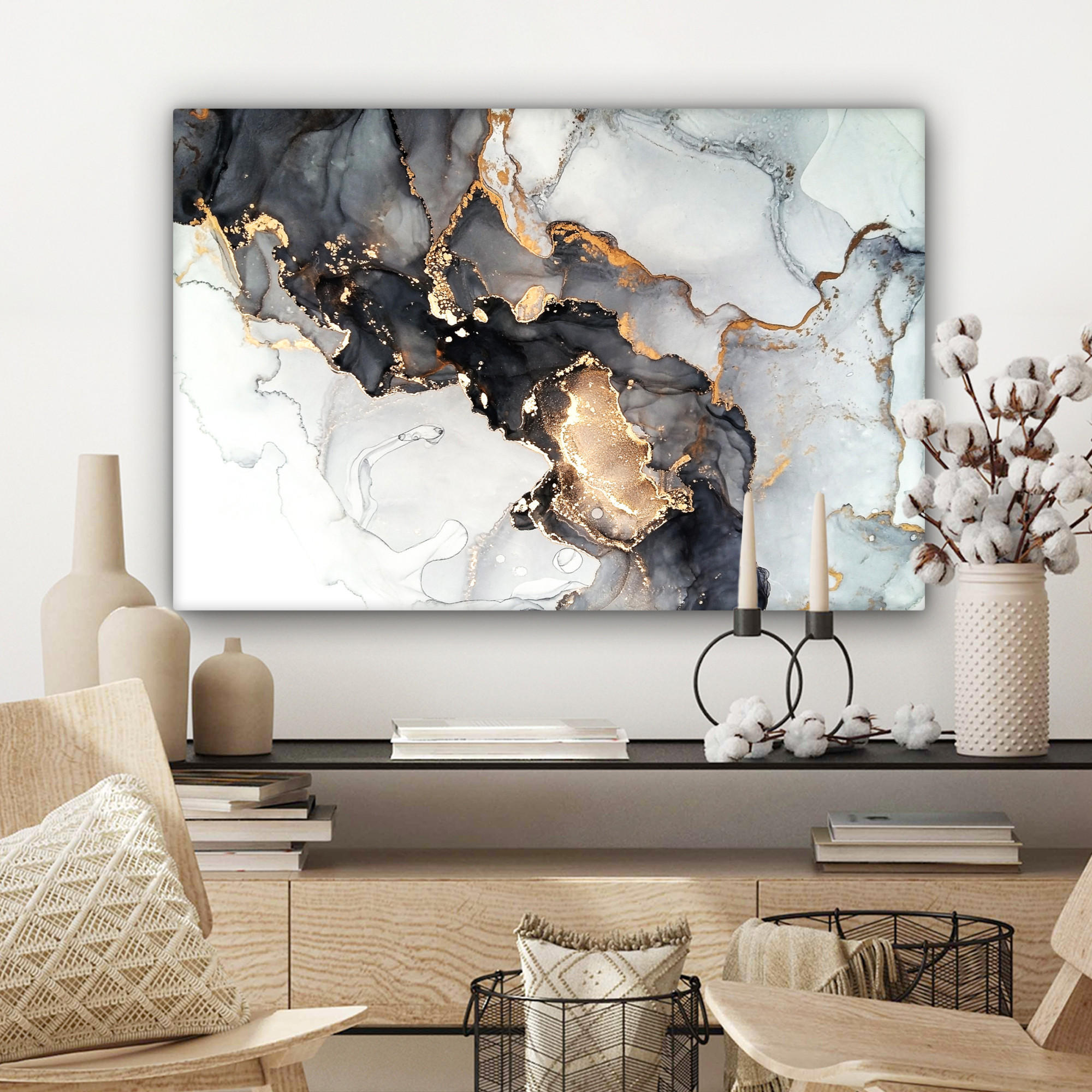 LEINWANDBILD Marmor - Schwarz - Weiß - Gold - Luxus - Abstrakt Gemälde 60x40 cm - Goldfarben, Textil (60/40cm) - MuchoWow