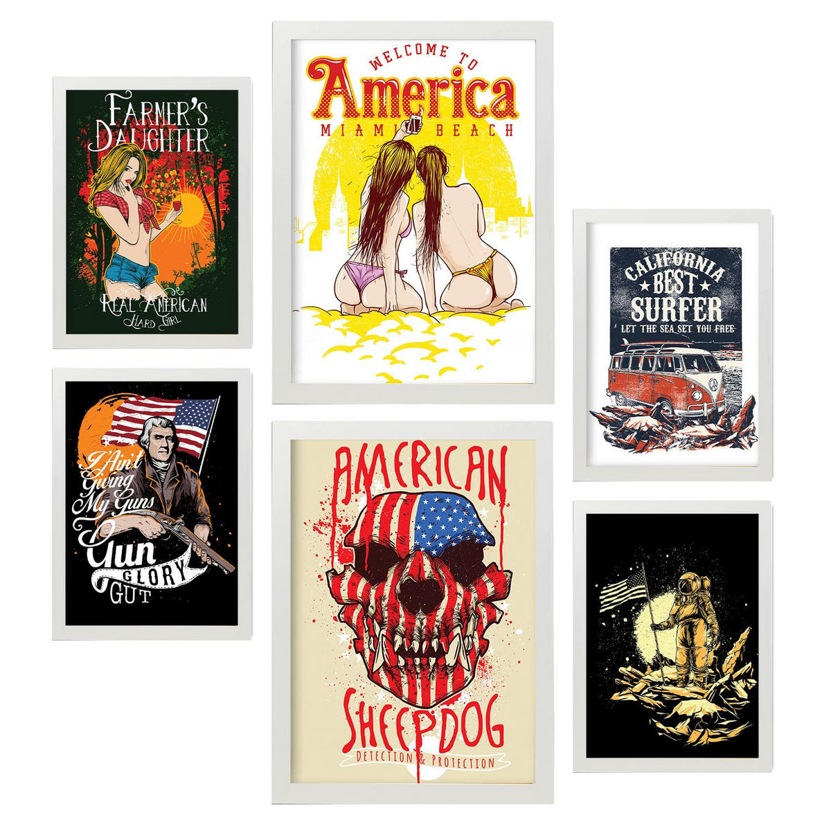 POSTER Set Mit 6 Amerika In Rustikale Zitate A3 & A4 Weißer Rahmen - Weiß, Papier (29/3cm) - Nacnic