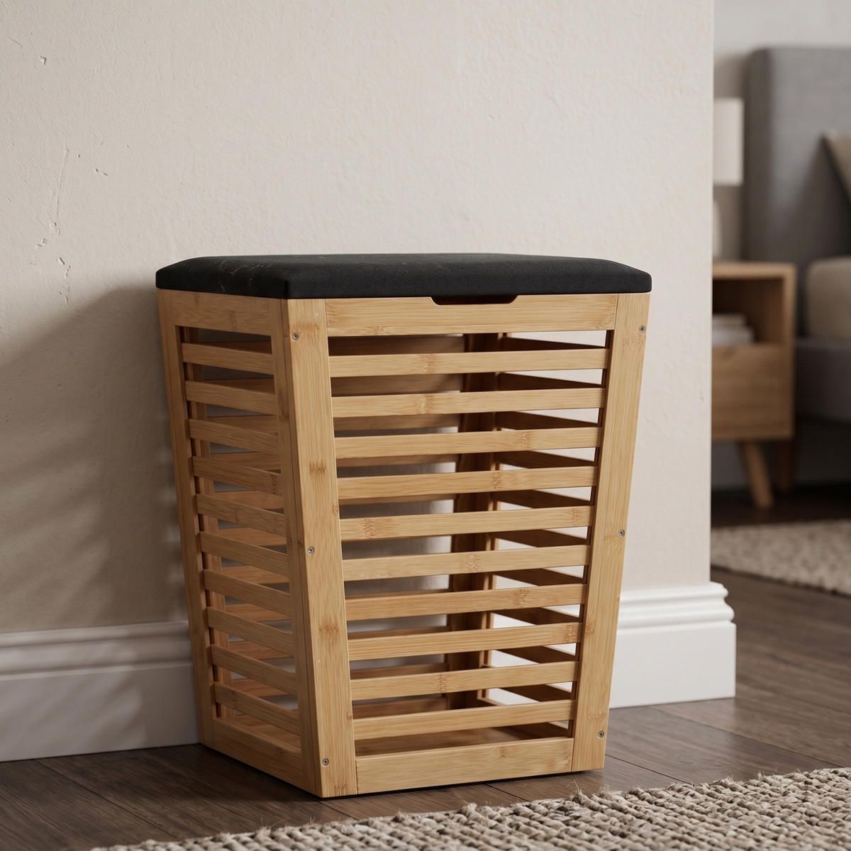 WÄSCHEKORB aus Bambus mit Sitzfläche 40/40/56 cm - Schwarz, Naturmaterialien (40/56/40cm) - NUXIO