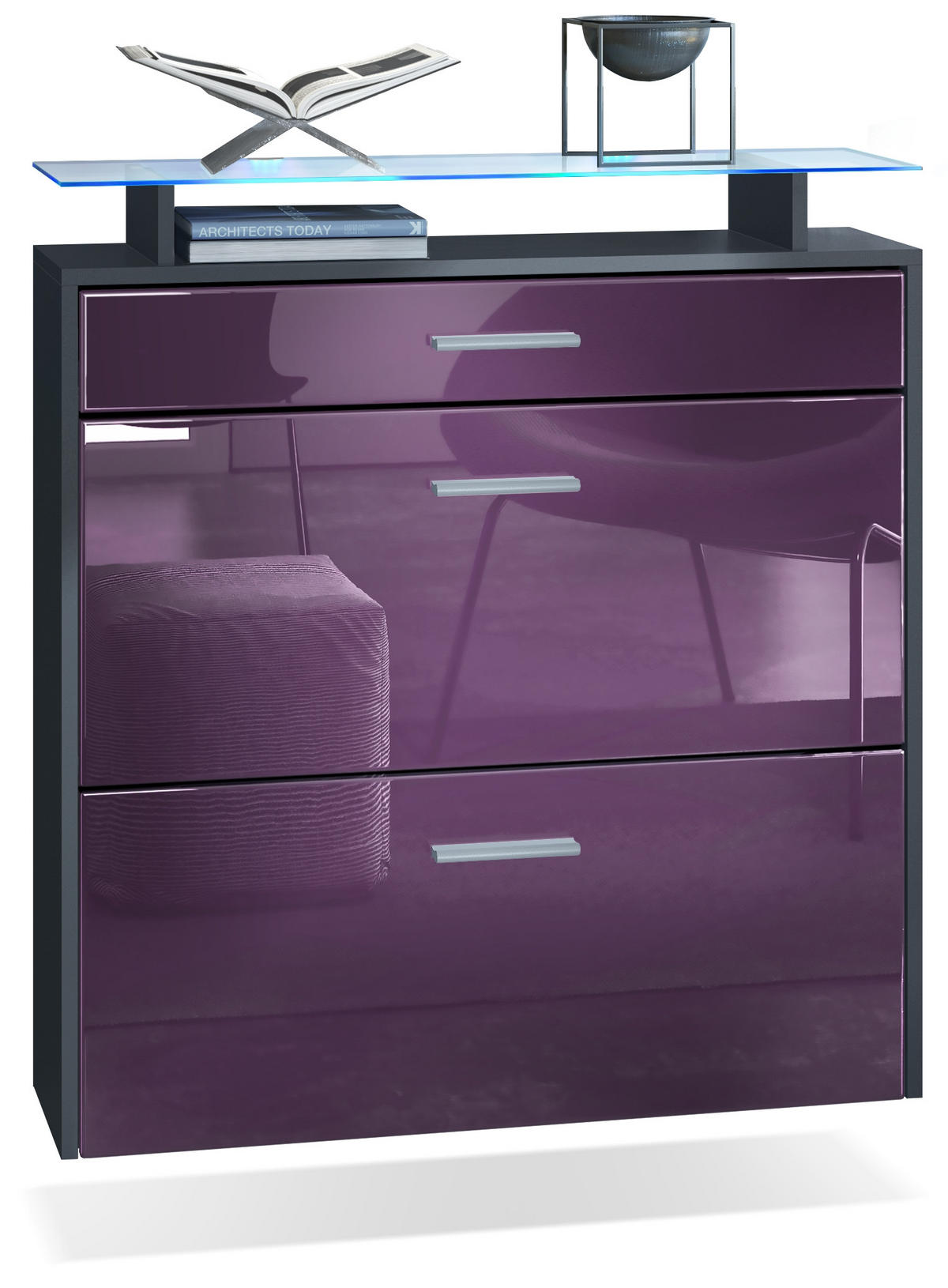 SCHUHSCHRANK Malea Fronten in Brombeer Hochglanz - Brombeere, Holzwerkstoff (89/96/23cm) - Vladon