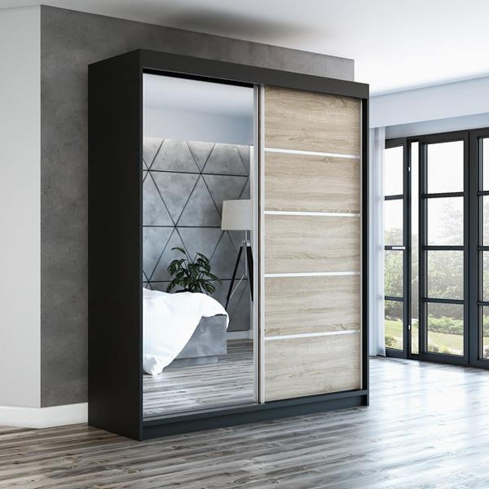 SCHWEBETÜRENSCHRANK 180 CM PIK Farbe: Schwarz / sonoma - Schwarz/Braun, Holzwerkstoff (180/215/59.5cm) - A&J MöbelLand