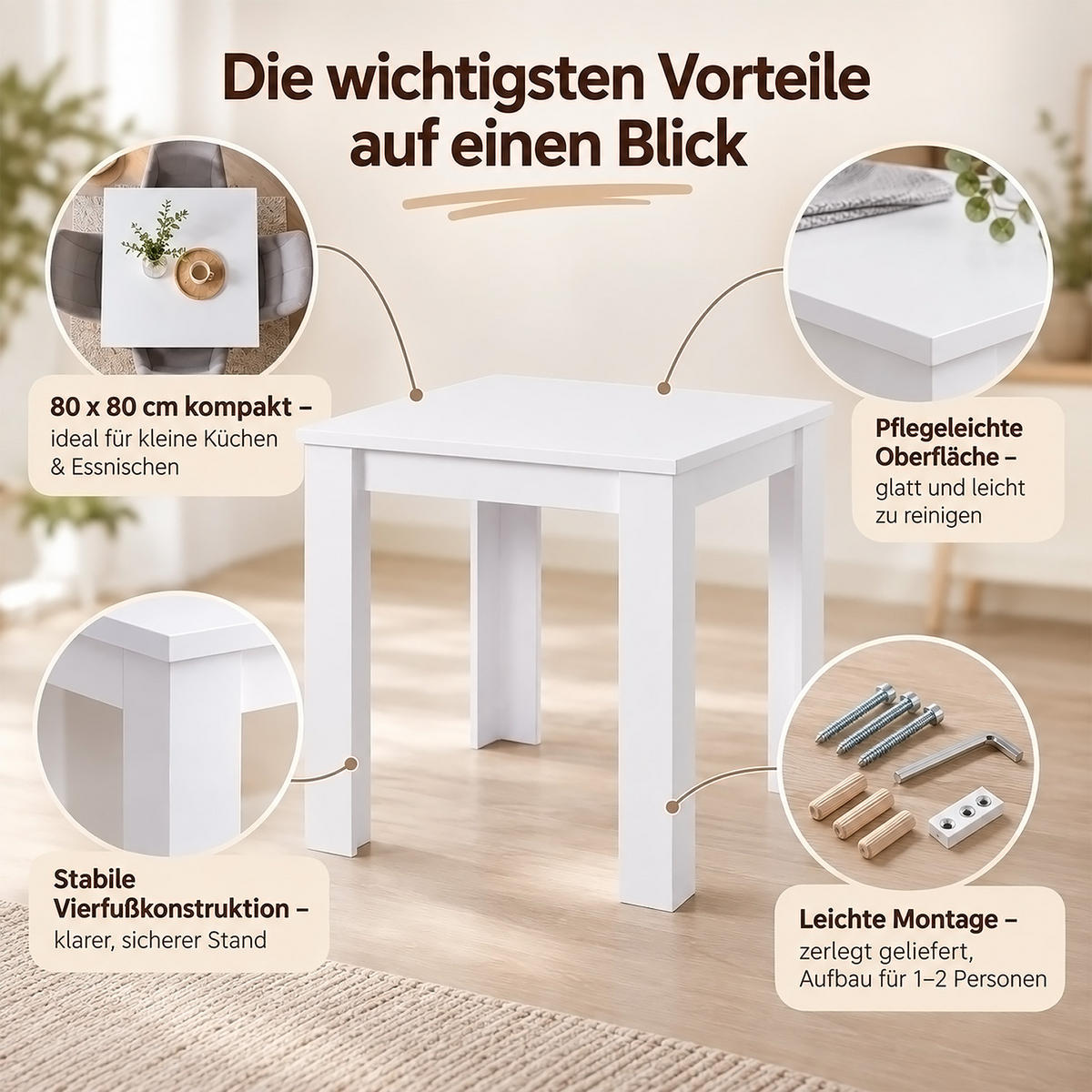 TISCHGRUPPE 80/80 cm Weiß mit 2 Stühlen - Weiß/Naturfarben, Holz/Kunststoff (80/80/80cm) - Homestyle4u