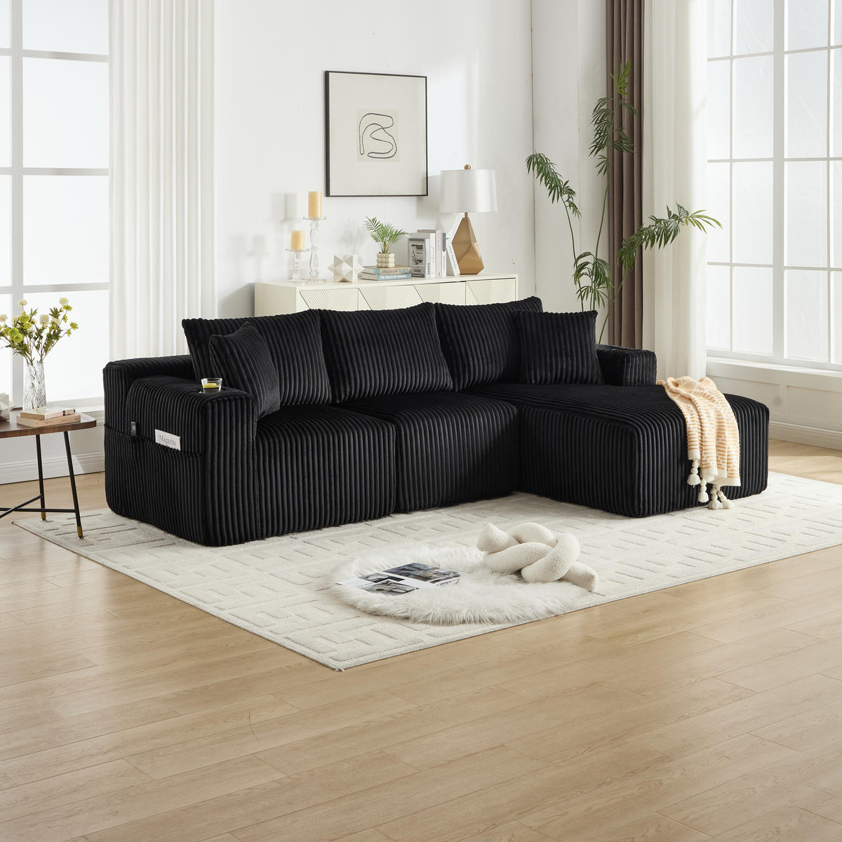 ECKSCHLAFSOFA Modulares Sofa mit Schlaffunktion,Chaiselongue + Zweisitzer,Schwarz - Schwarz, Textil (257/160cm) - LVHOM