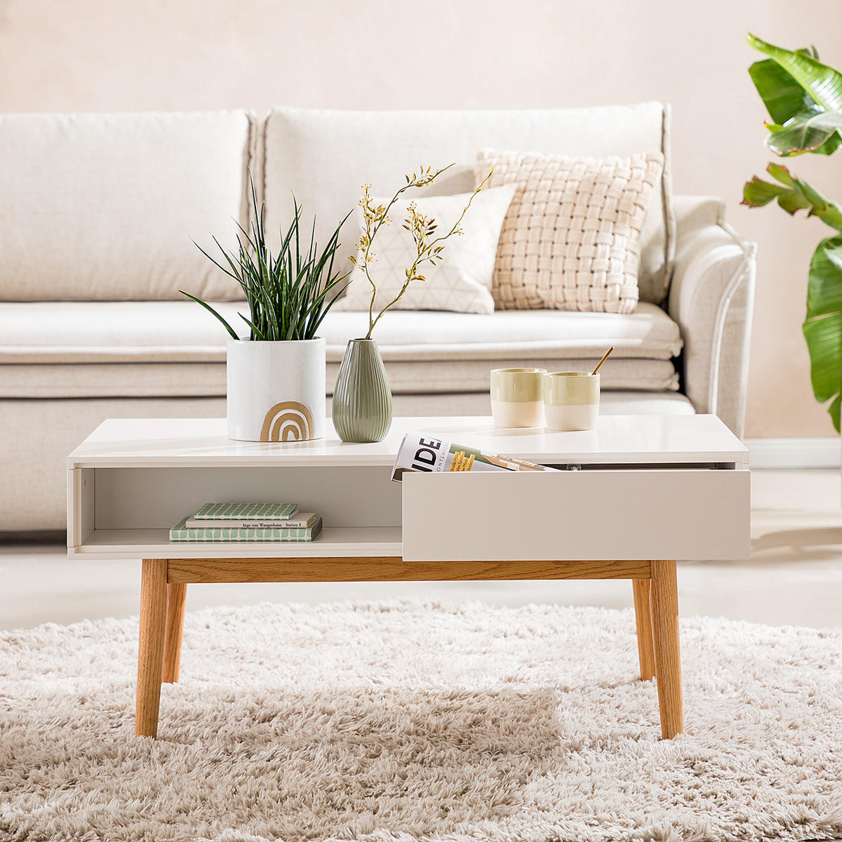 COUCHTISCH mit 2 Schubladen - Weiß / Eiche - Eichefarben/Weiß, Eichenholz/Holz (60/100/45cm) - home24